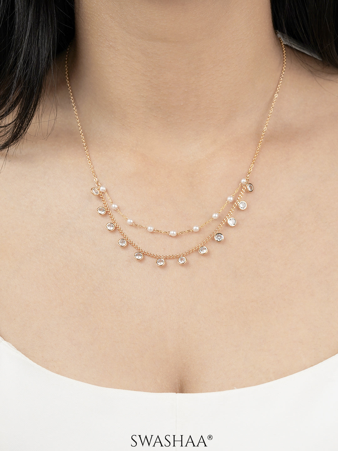 Liza Pearl Lariat Diamond Charms 18K Gold Plated Choker