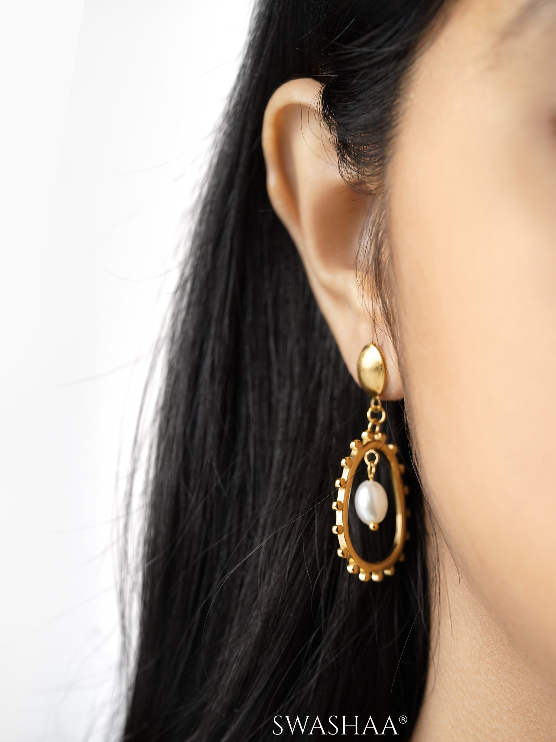 Loha Pearl Radiant Crescent Moon 18K Gold Plated Hollow Earrings