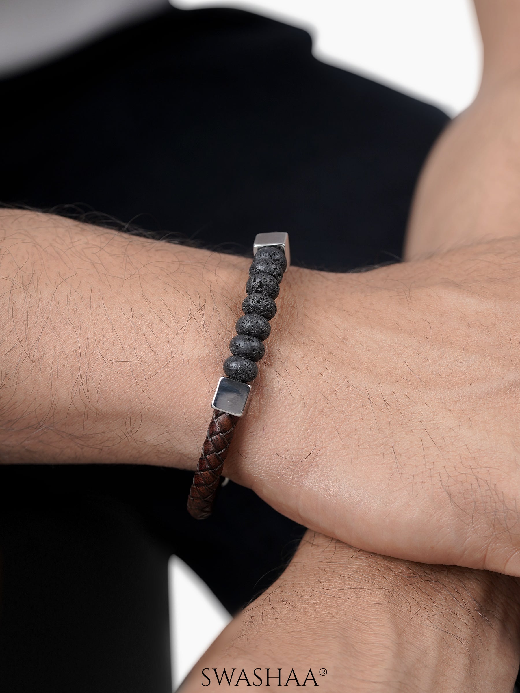 Lorel Black Beads Silver Cubes Brown Men's Leather Bracelet