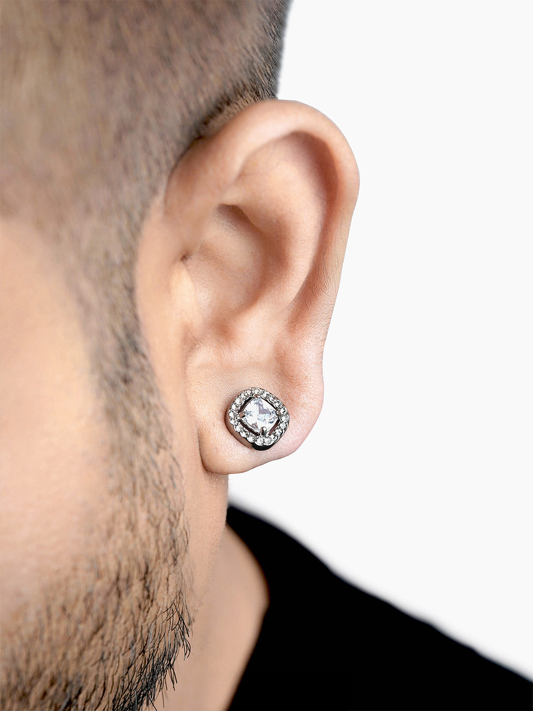 Lucent Cushion Solitaire Silver Men's Stud Earrings