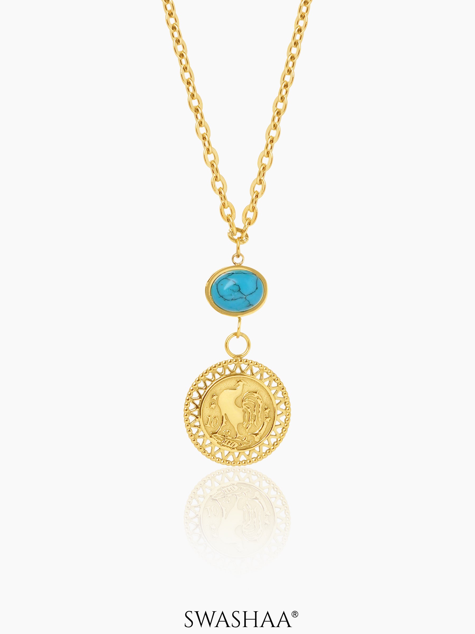 Luck Turquoise Oval Coin Charm 18K Gold Plated Chain Pendant Necklace