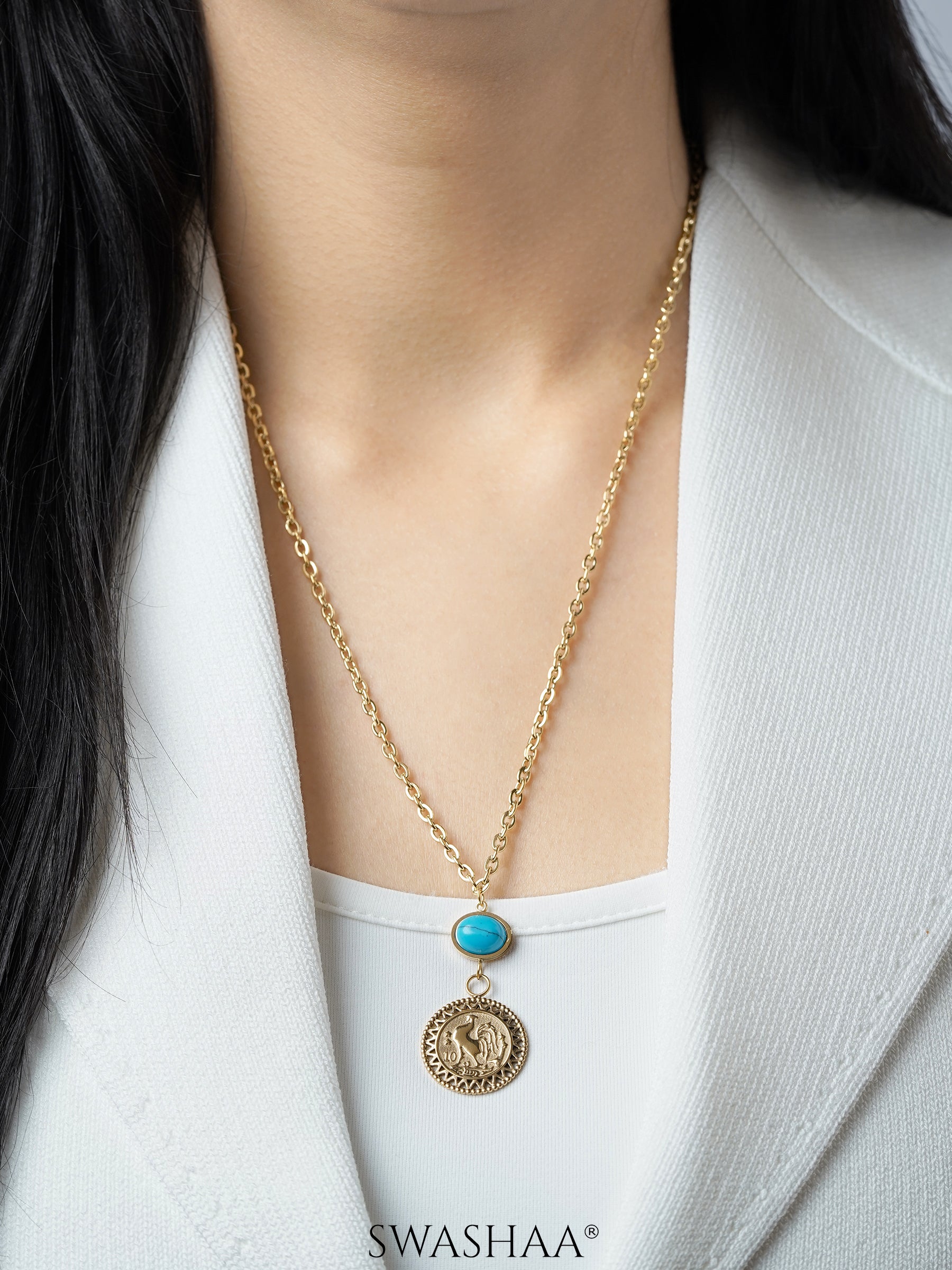 Luck Turquoise Oval Coin Charm 18K Gold Plated Chain Pendant Necklace