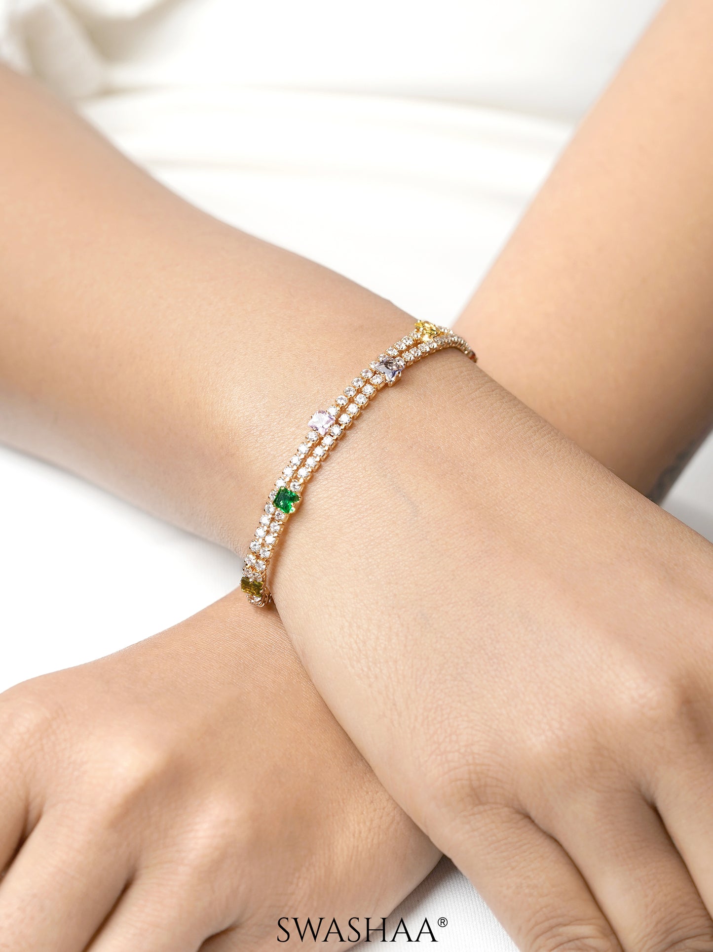 Lucy Multi Coloured Stone Square-cut Diamond Layered Tennis Loose Bracelet