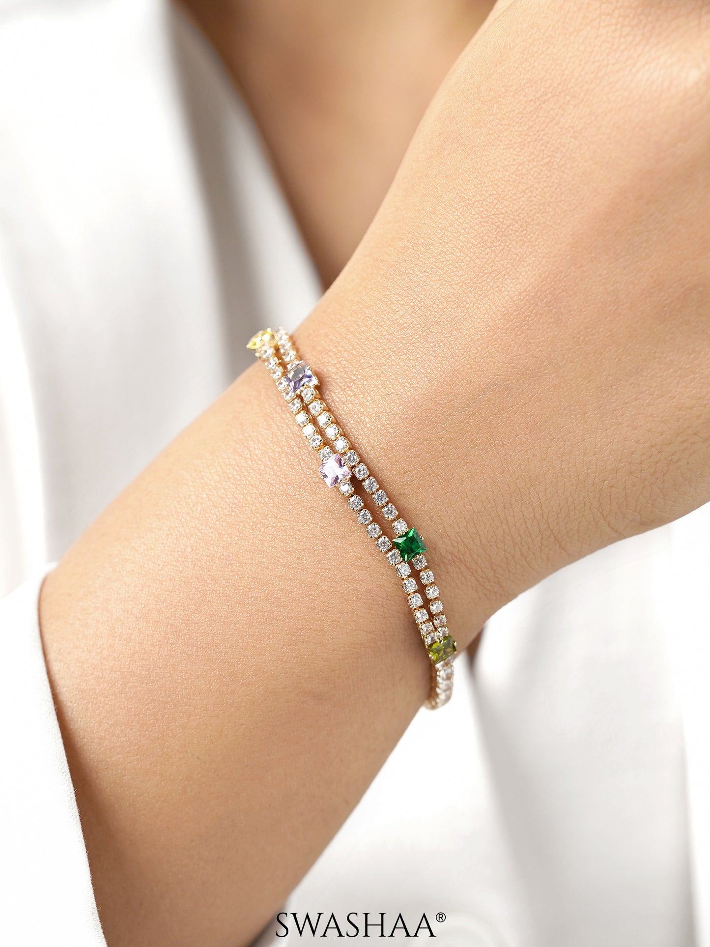 Lucy Multi Coloured Stone Square-cut Diamond Layered Tennis Loose Bracelet