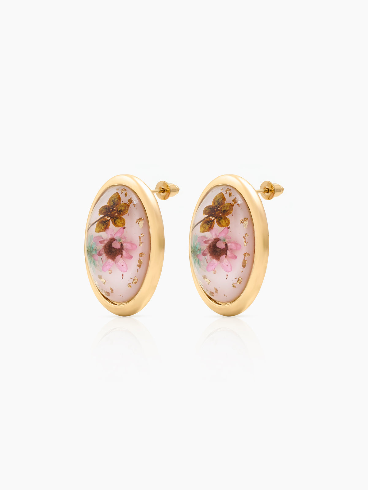 Lunette Pink Oval Resin Floral 18K Gold Plated Women's Stud Earrings