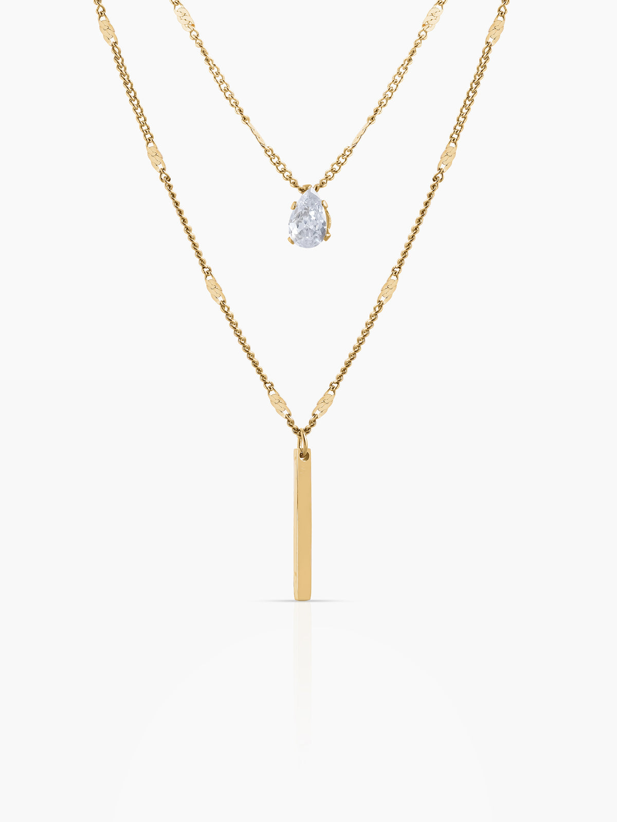 Lynna Bar Teardrop Crystal Charm Layered 18K Gold Plated Chain Pendant Necklace