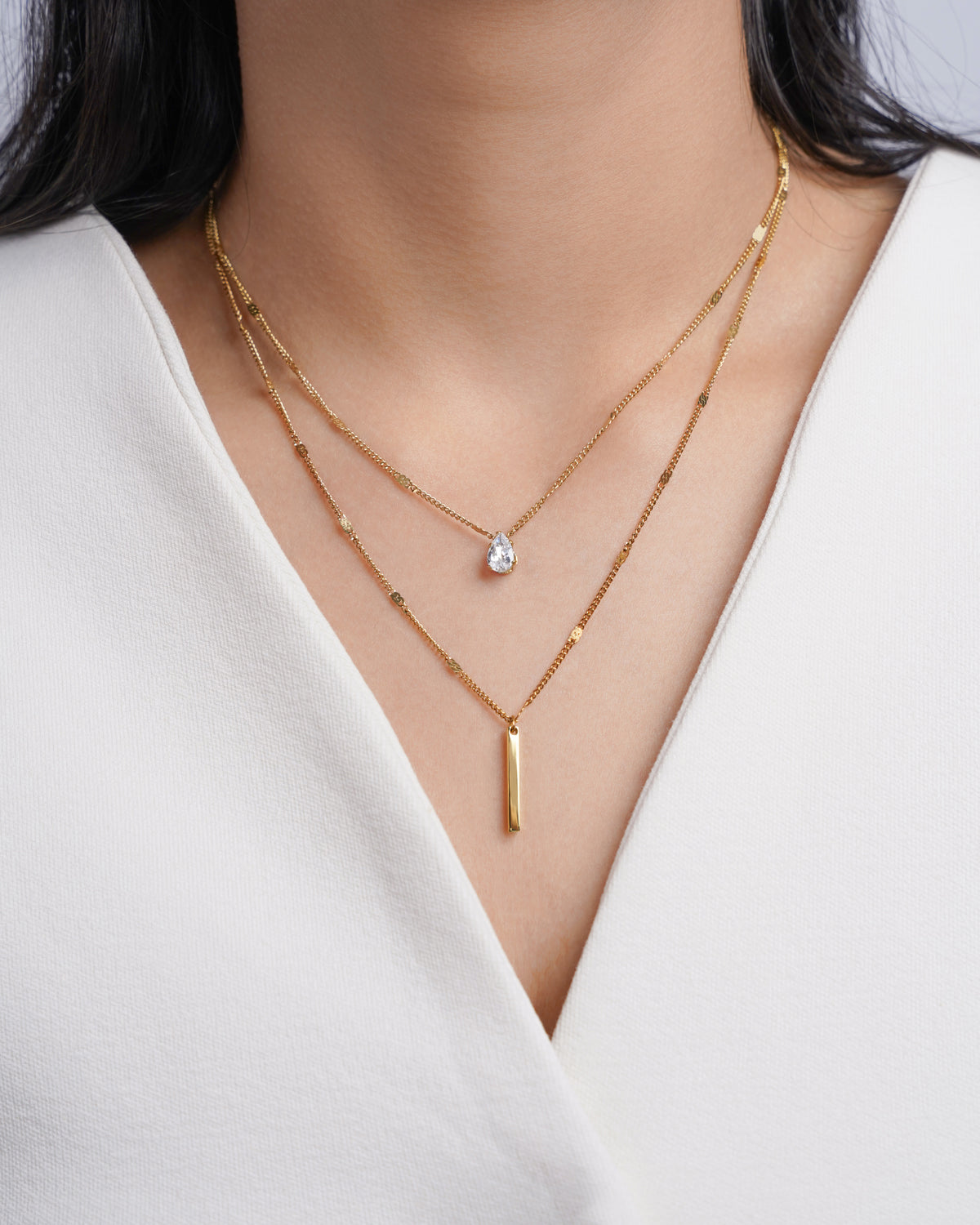 Lynna Bar Teardrop Crystal Charm Layered 18K Gold Plated Chain Pendant Necklace