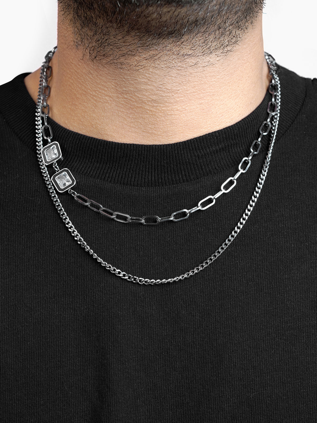 Maelin Solitaire Clip Layered Men's Silver Chain