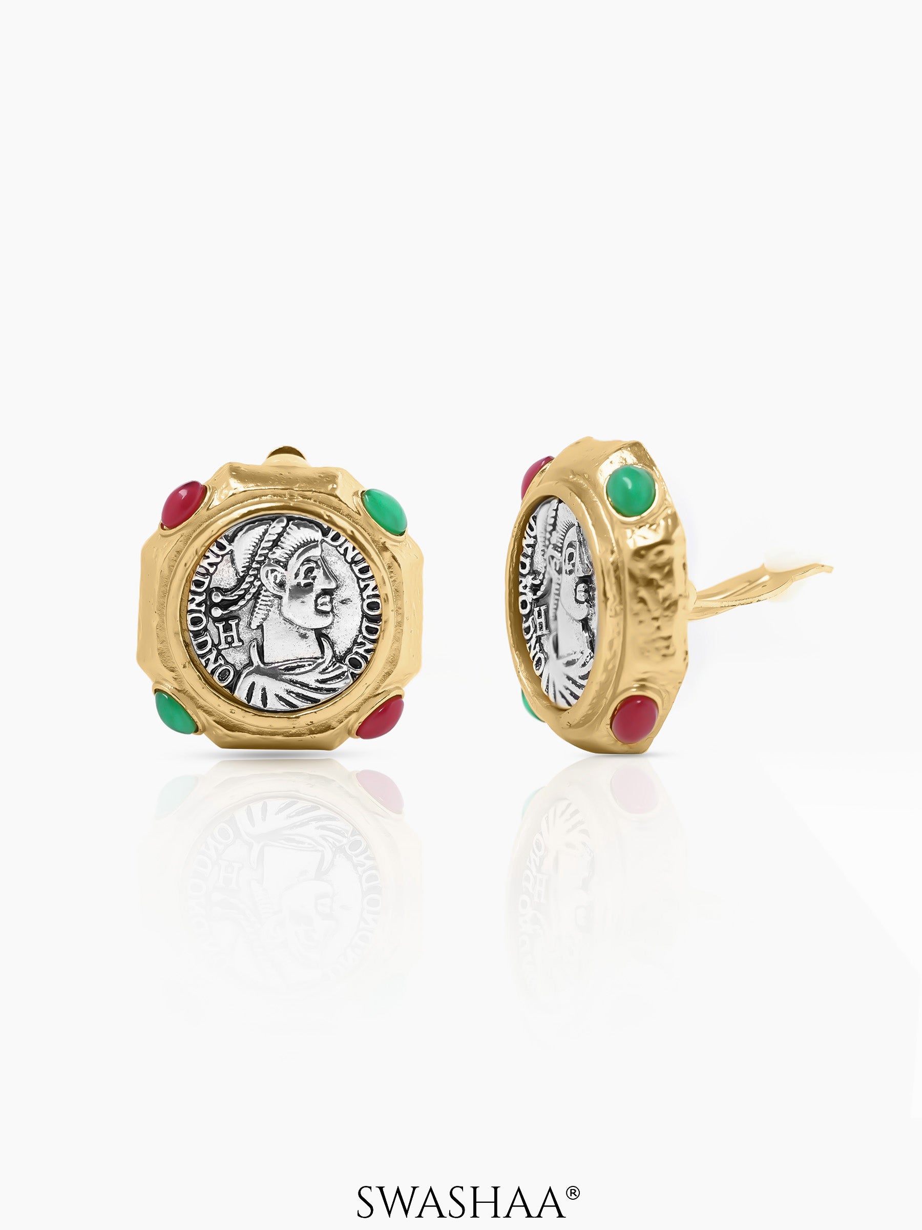 Maia Coin Face Multicolor 18K Gold Plated Stud Earrings