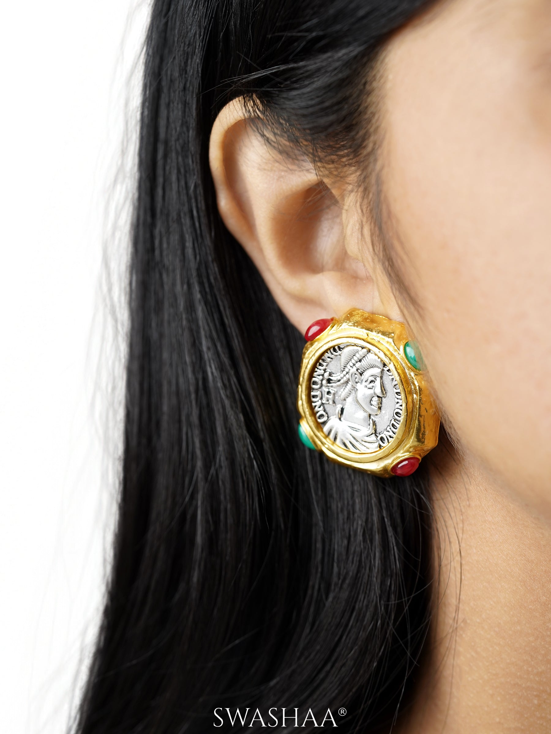 Maia Coin Face Multicolor 18K Gold Plated Stud Earrings