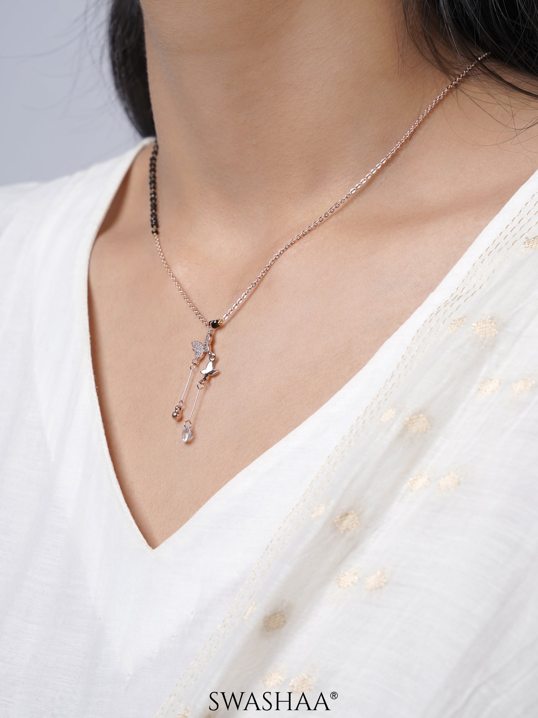 Maithili Butterfly Charm Hanging Diamond Rosegold Plated Pendant Mangalsutra