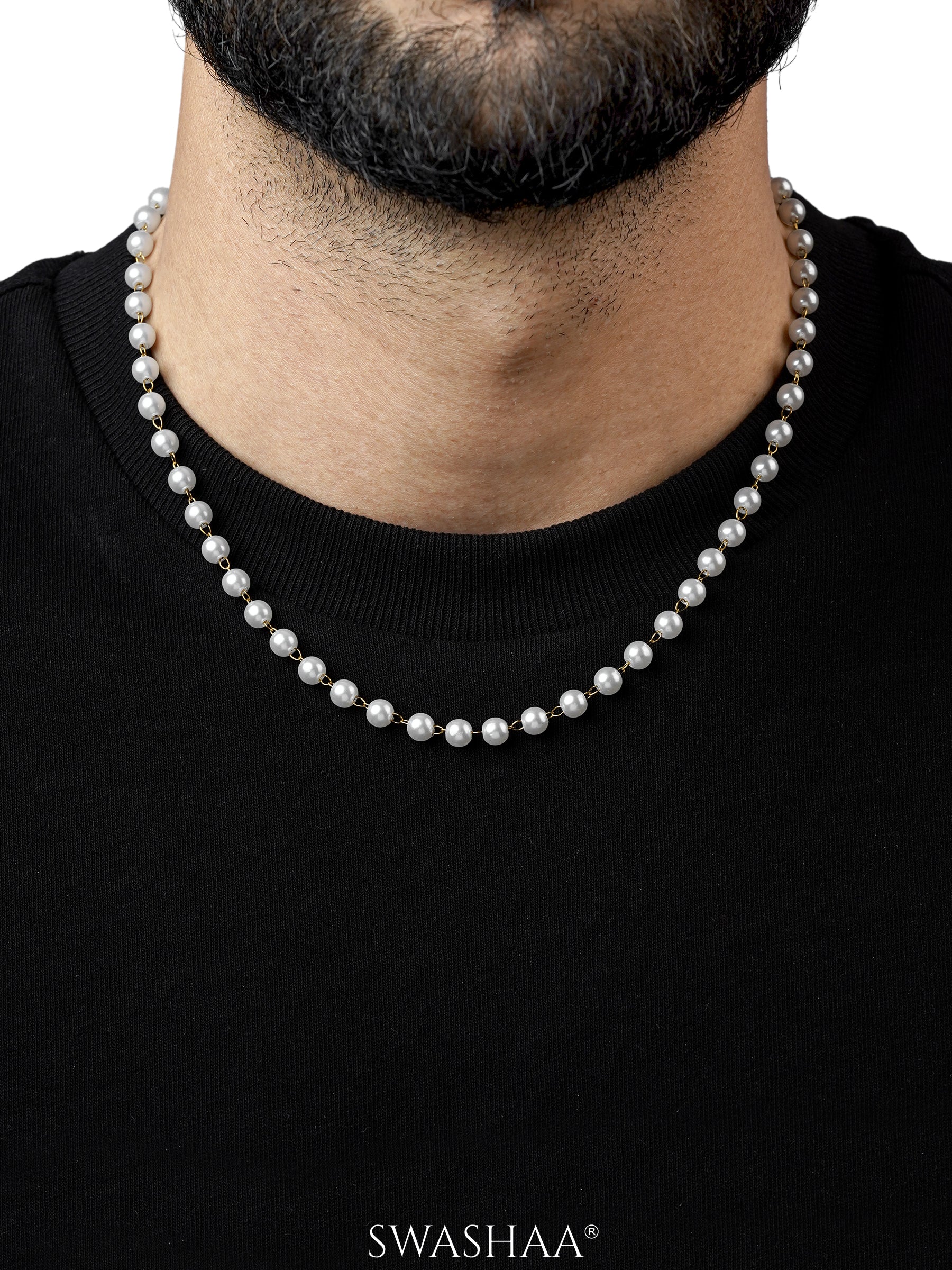 Manarch White Pearls 18K Gold Plated Men's Necklace Chain