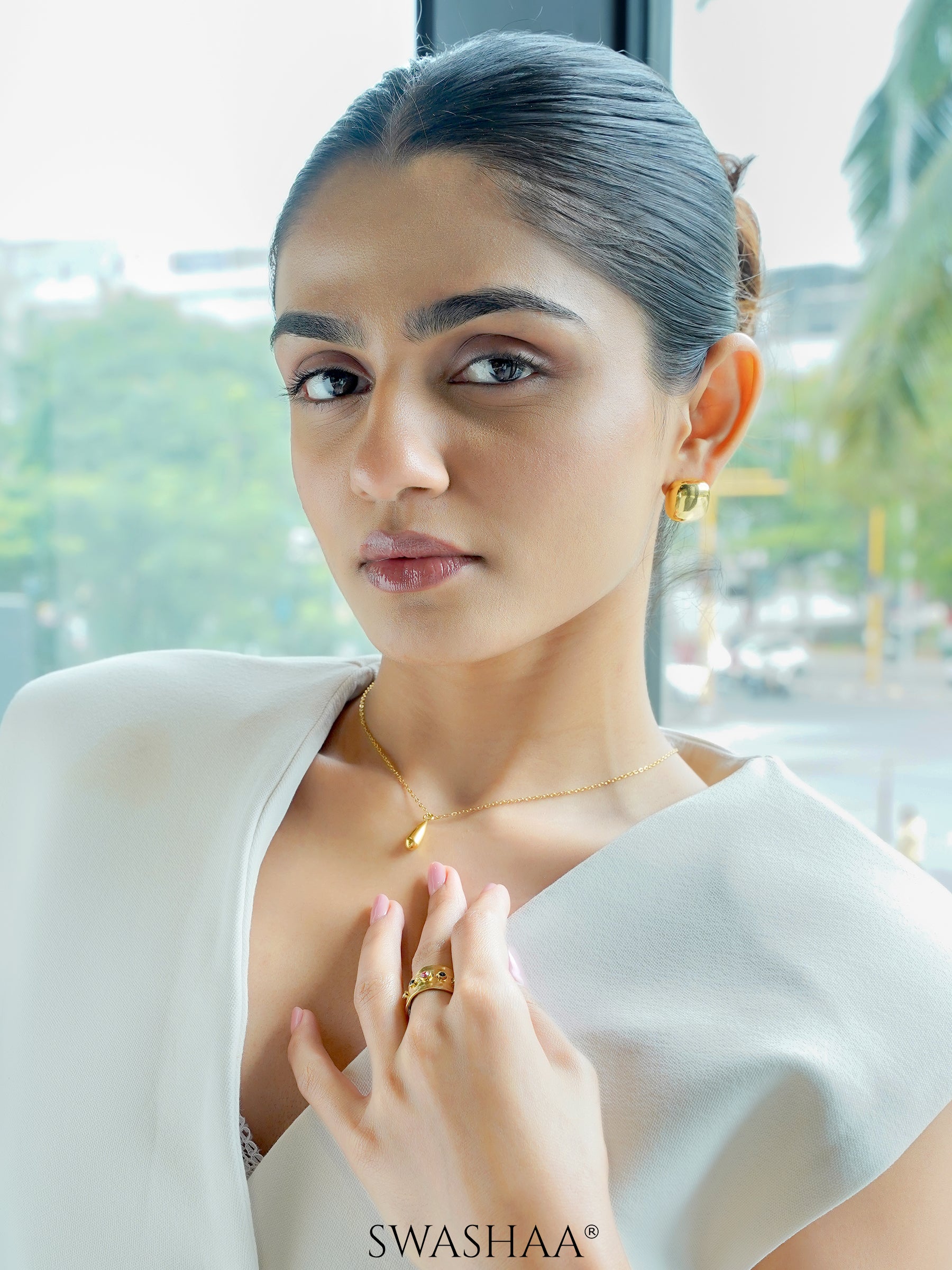 Maple Glossy Square Dome Shaped 18K Gold Plated Stud Earrings, Lyra Hammered Texture Multi Colored Gemstones 18K Gold Plated Rings, Tarana Teradrop Charm 18K Gold Plated Chain Pendant Necklace