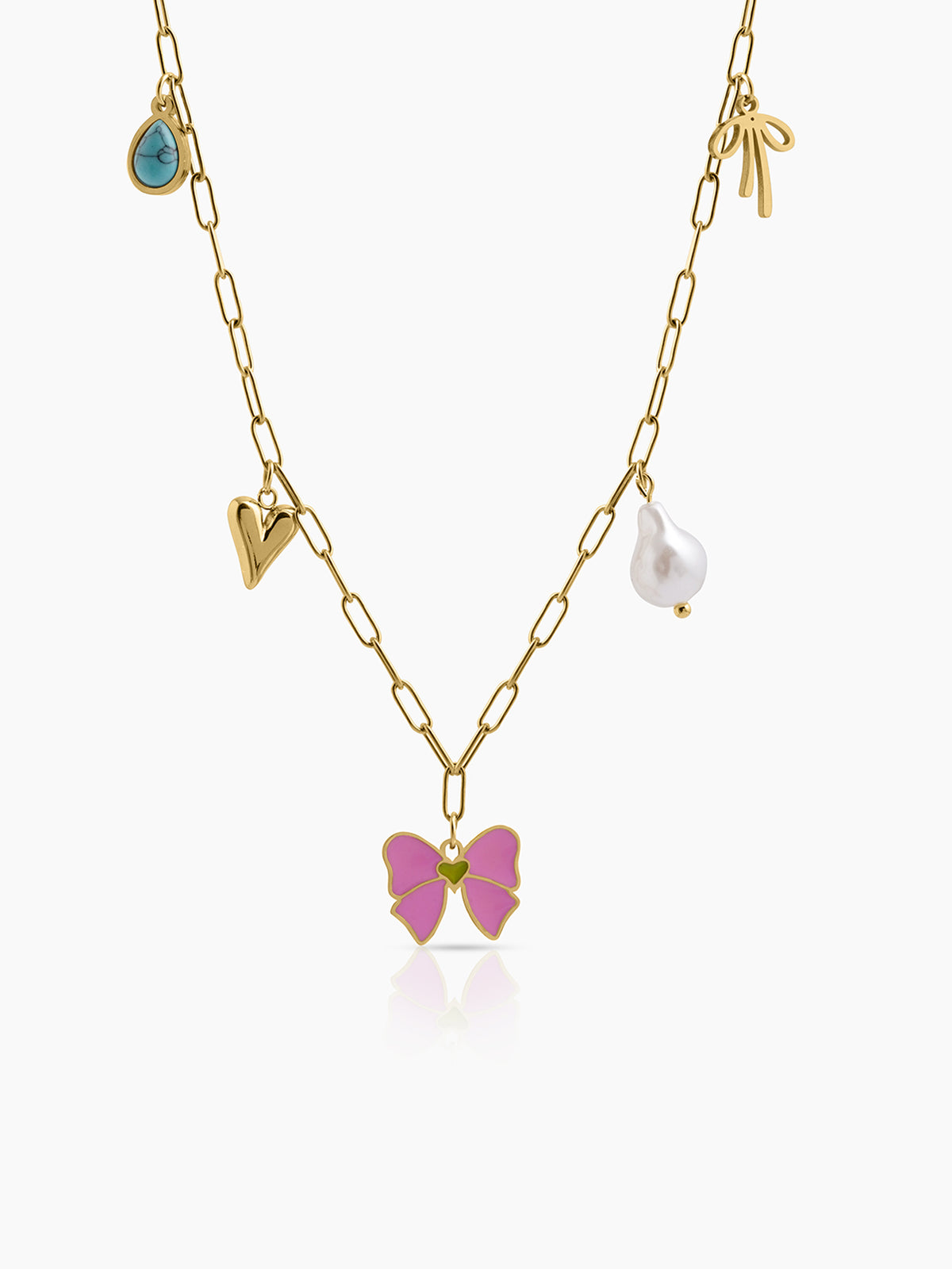 Maribel Bow Pearl Heart Charms 18K Gold Plated Women's Chain Pendant Necklace