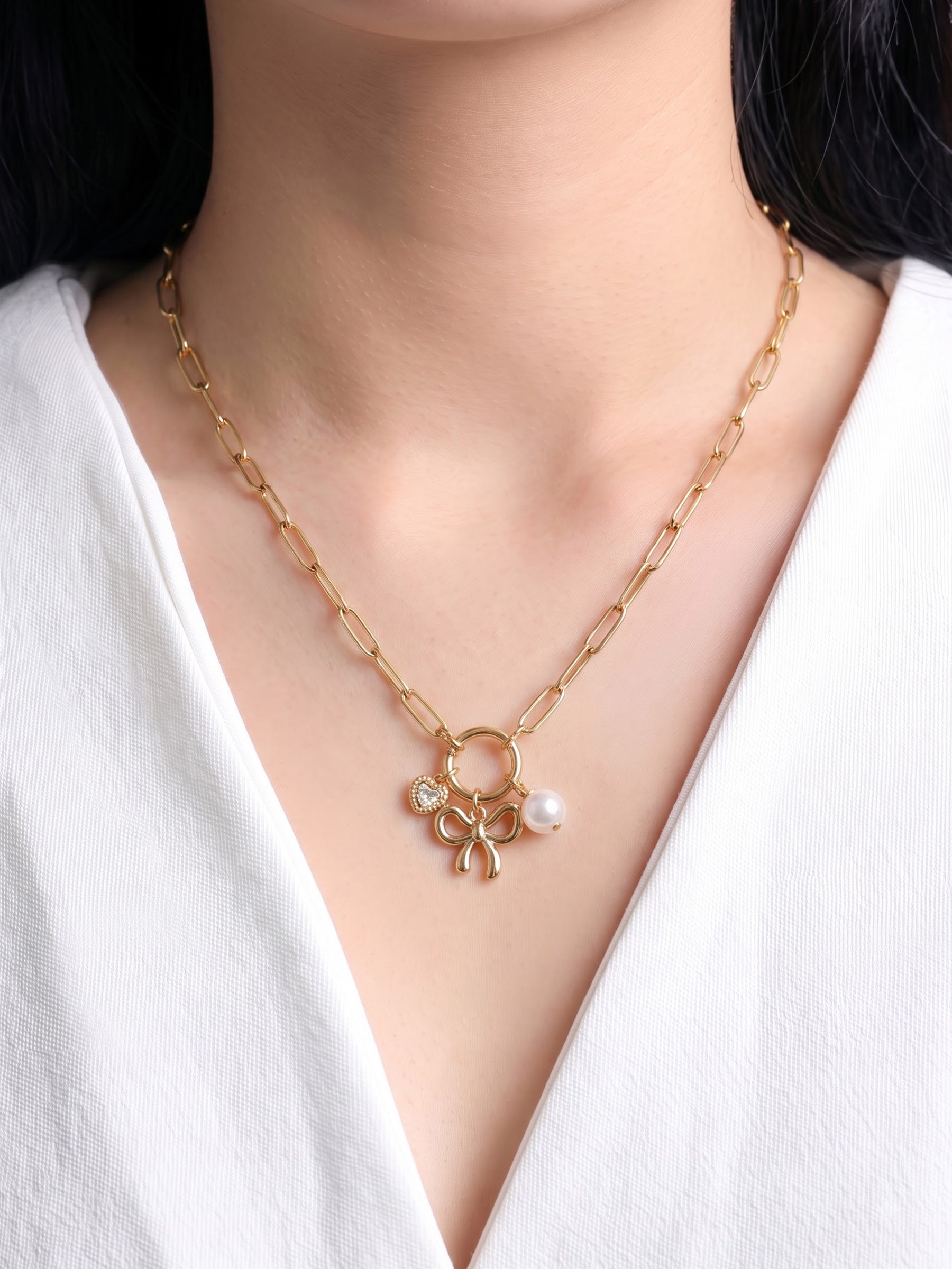 Mariette Bow Pearl Heart Diamond Charms 18K Gold Plated Women's Chain Pendant Necklace