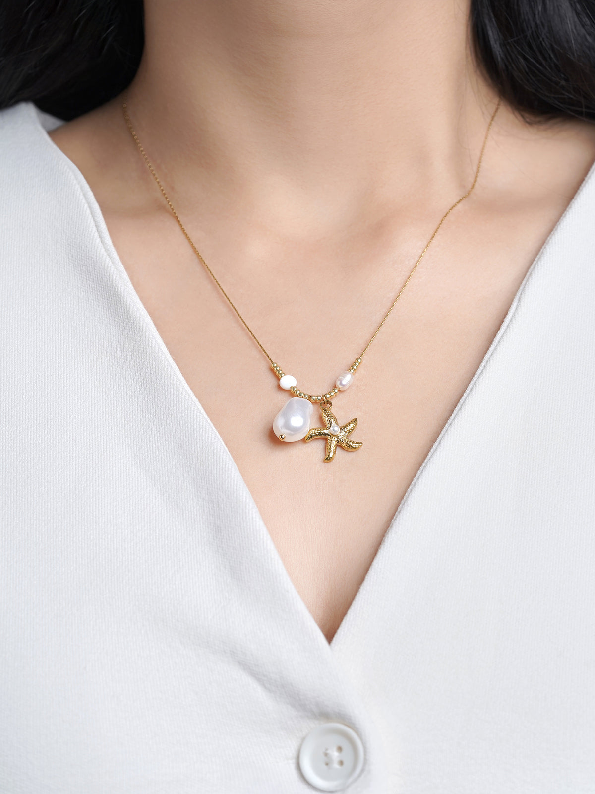 Marina Starfish & Pearl Charm Beads 18K Gold Plated Chain Pendant Necklace