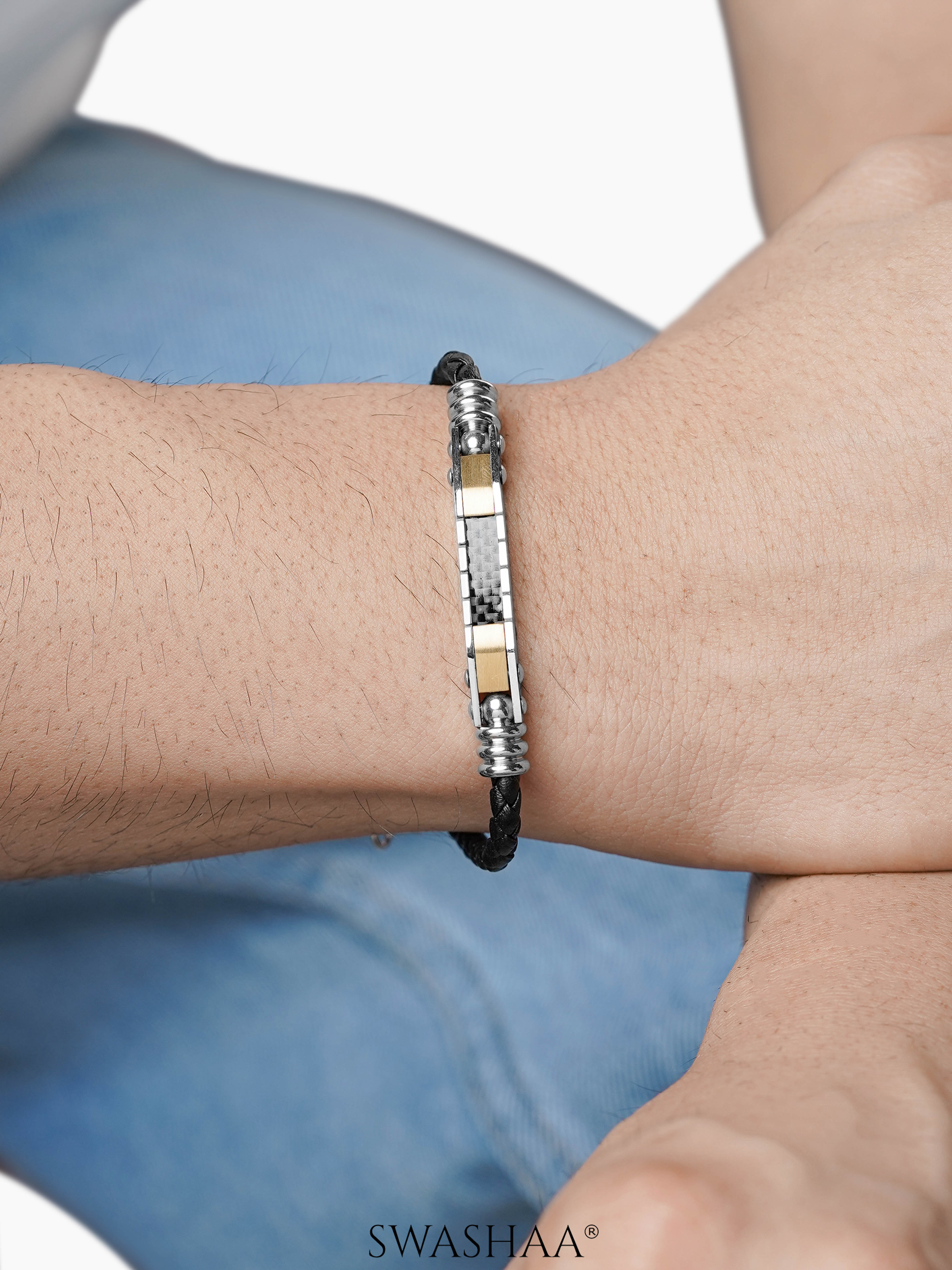 Mario Black Silver Gold Men's Leather Bracelet