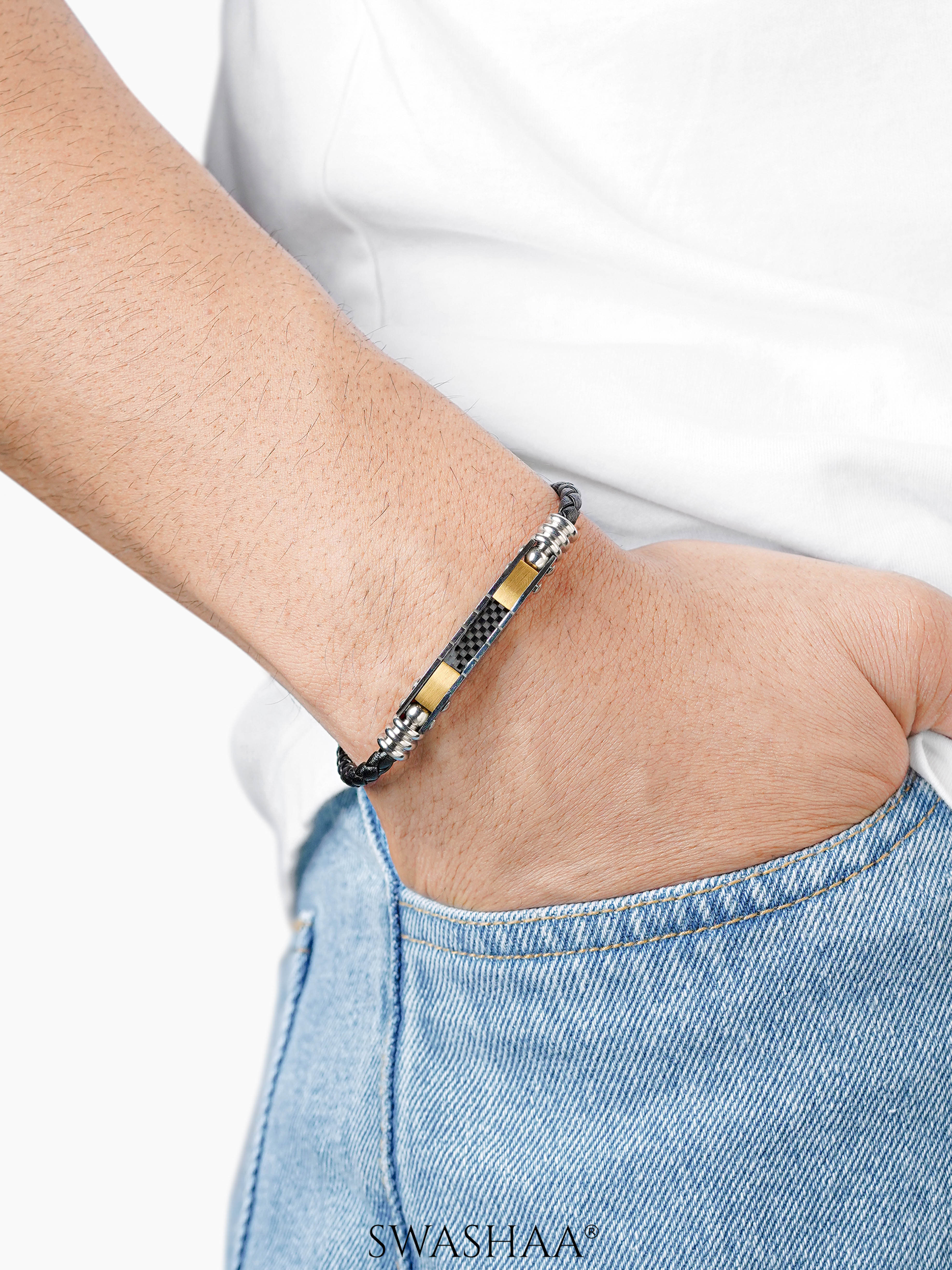 Mario Black Silver Gold Men's Leather Bracelet