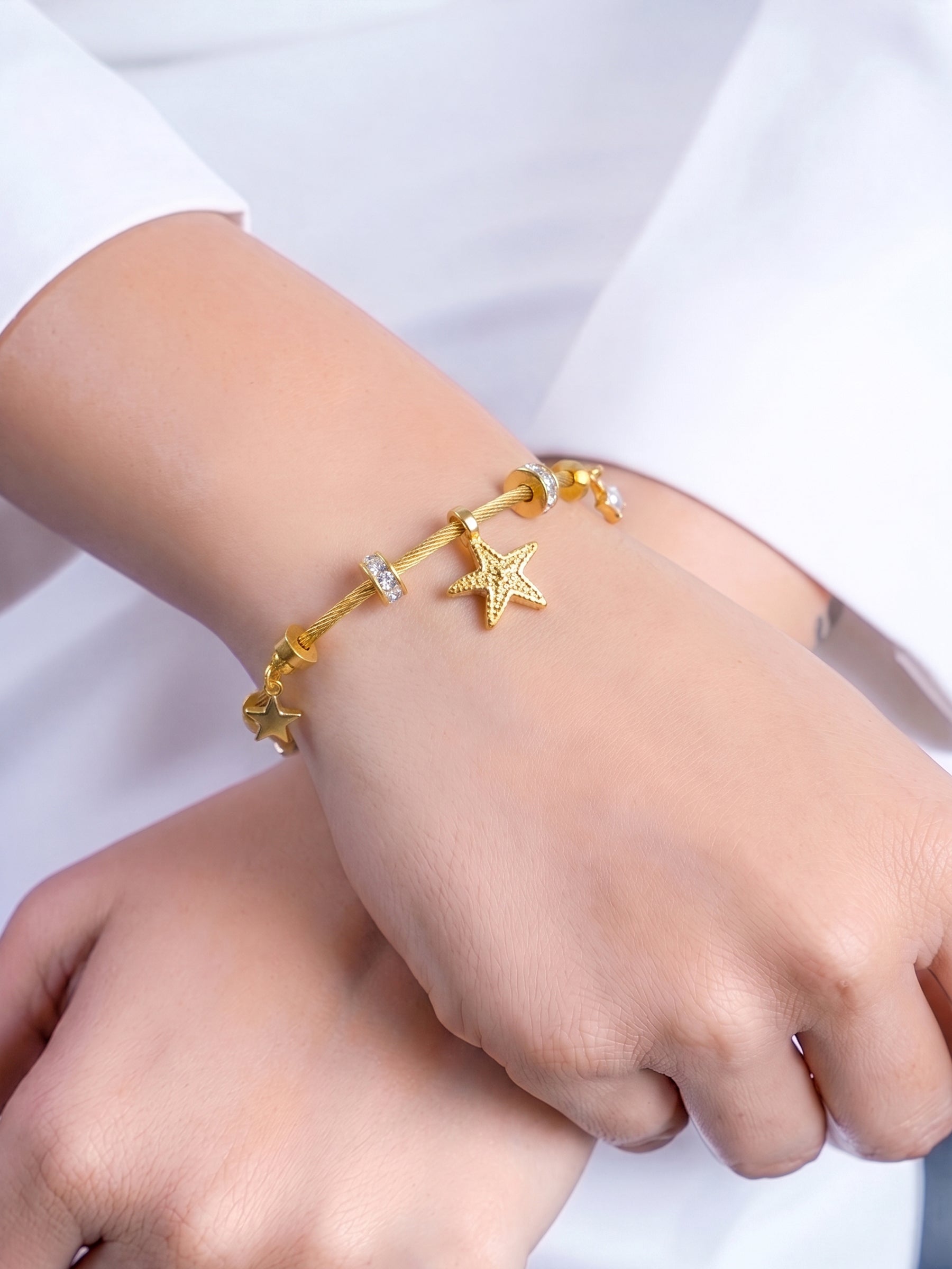 Marita Diamond Star Fish Charms 18K Gold Plated Women's Solid Band Bracelet