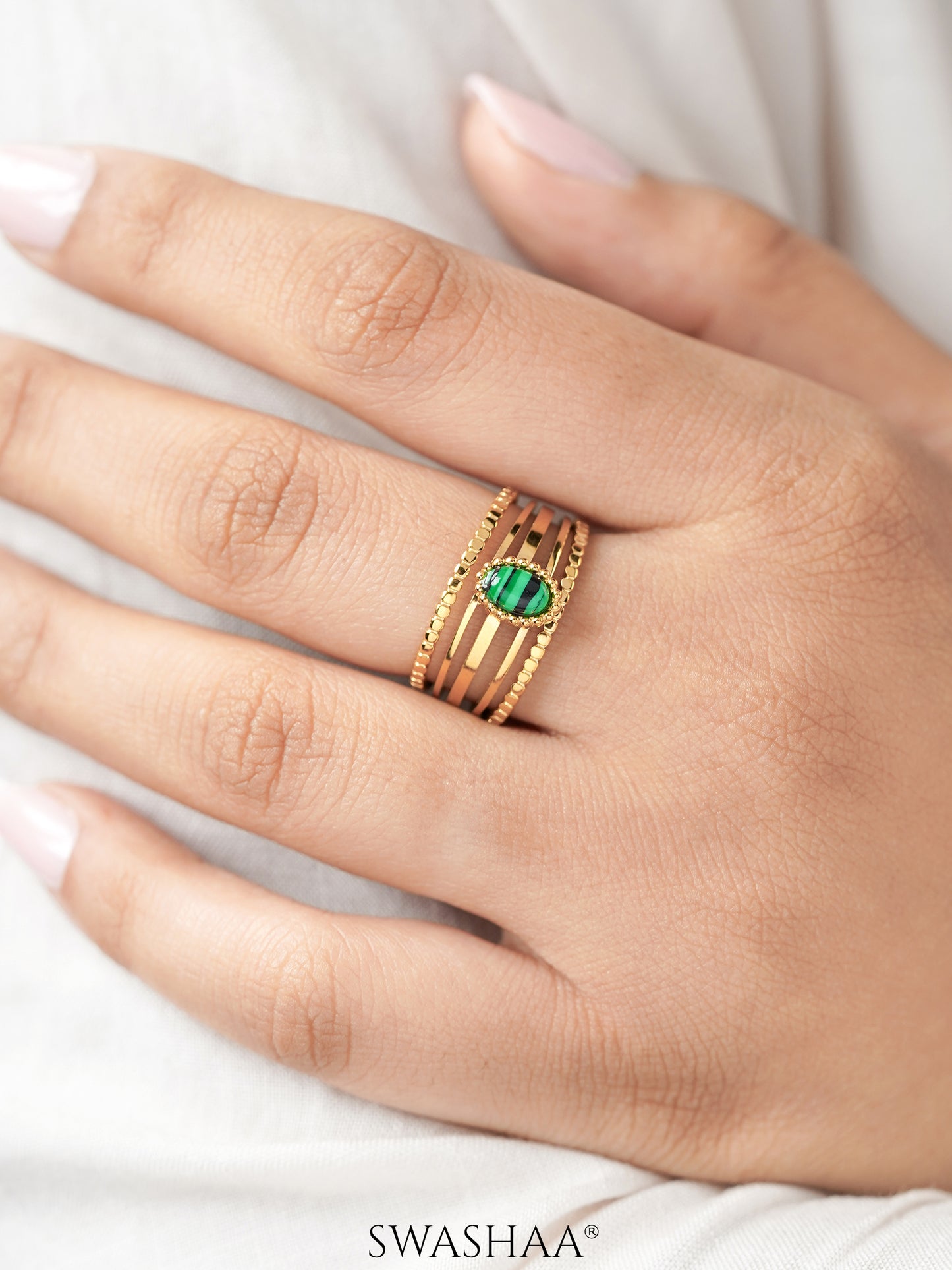 Maro Multiple Bands Emerald Green Stone 18K Gold Plated Ring