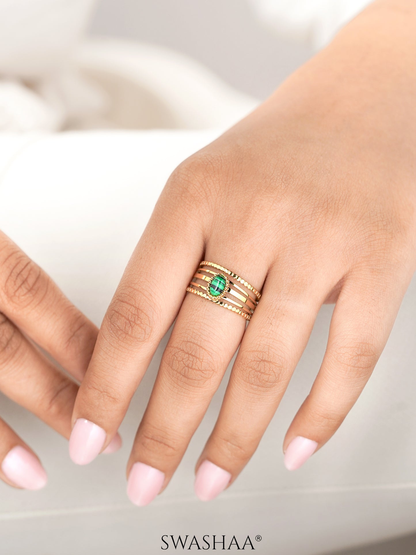 Maro Multiple Bands Emerald Green Stone 18K Gold Plated Ring