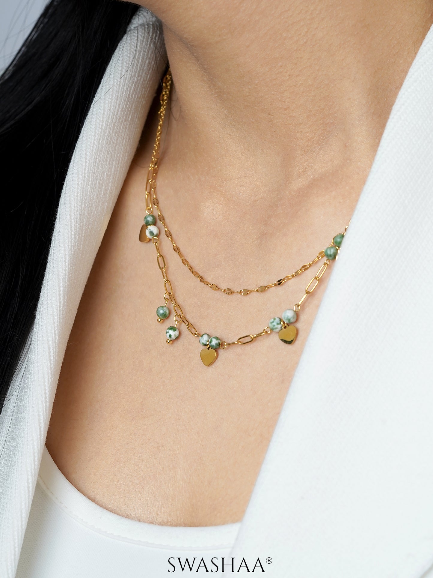 "Marsha Layered Marble Beads Heart Charms 18K Gold Plated Chain Pendant
Necklace"