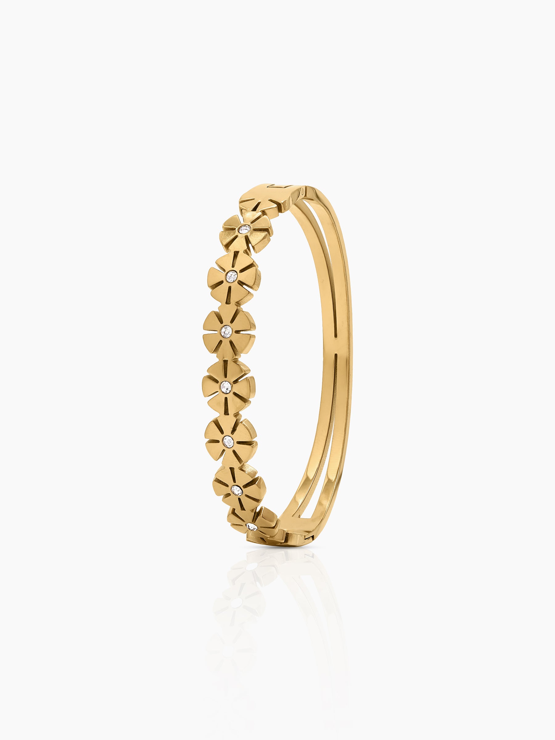 Marveta Floral Diamond Solitaire 18K Gold Plated Women's Solid Band Bracelet