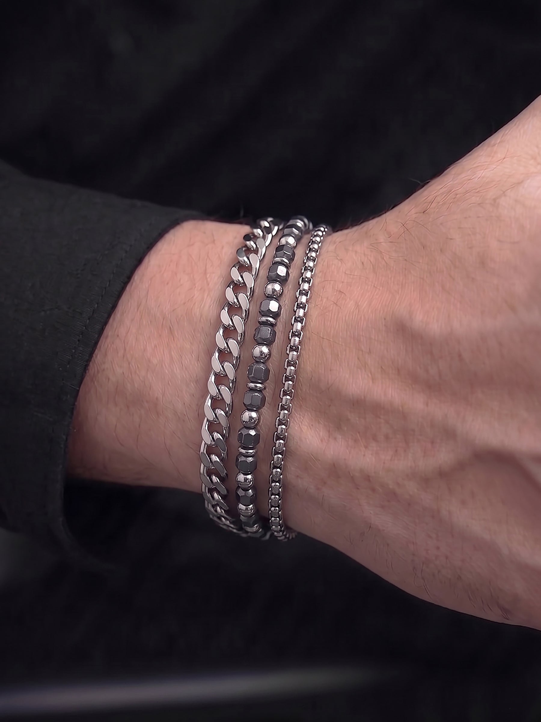 Marvex Classic Beaded Box Link Chain Curb Chain Stacking Men's Loose Bracelet Set