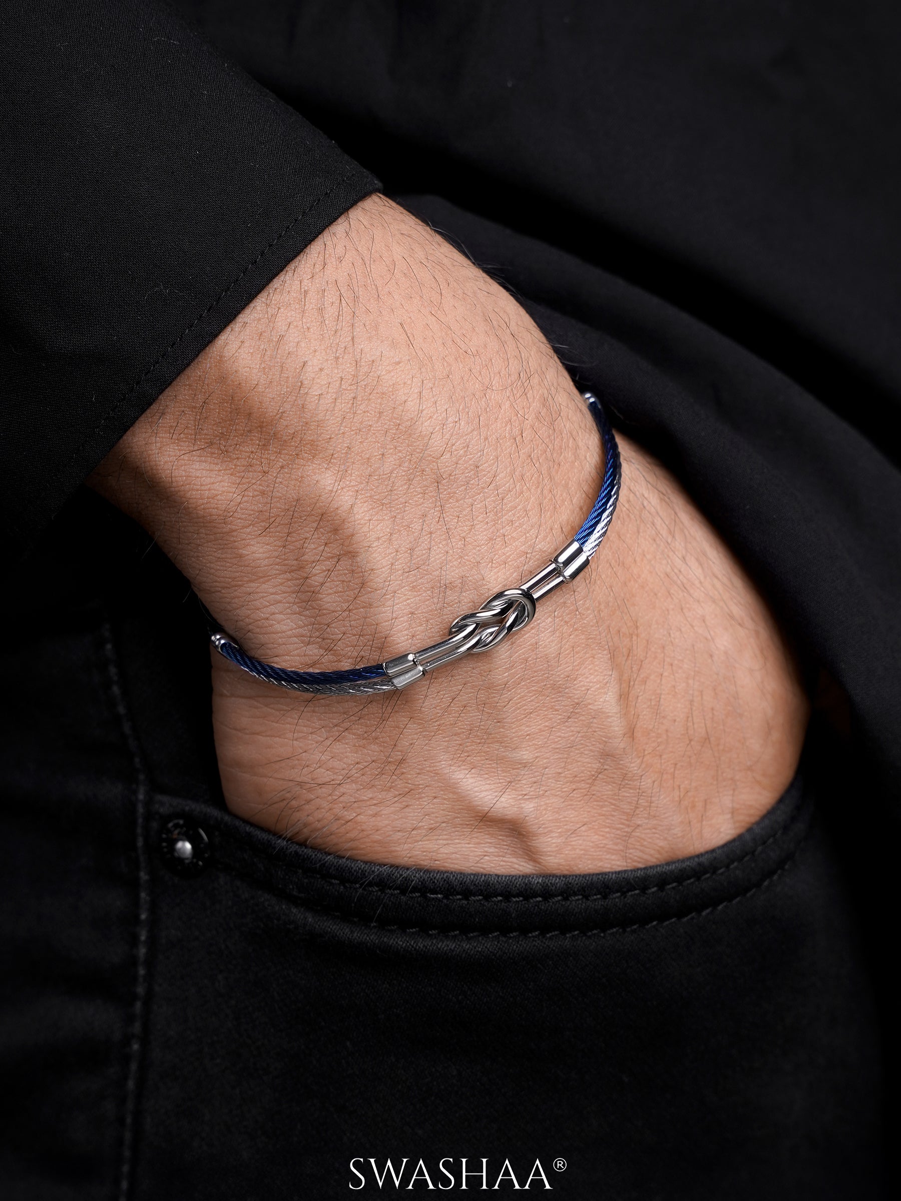 Maven Knot Motif Silver Blue Wired Men's Bracelet
