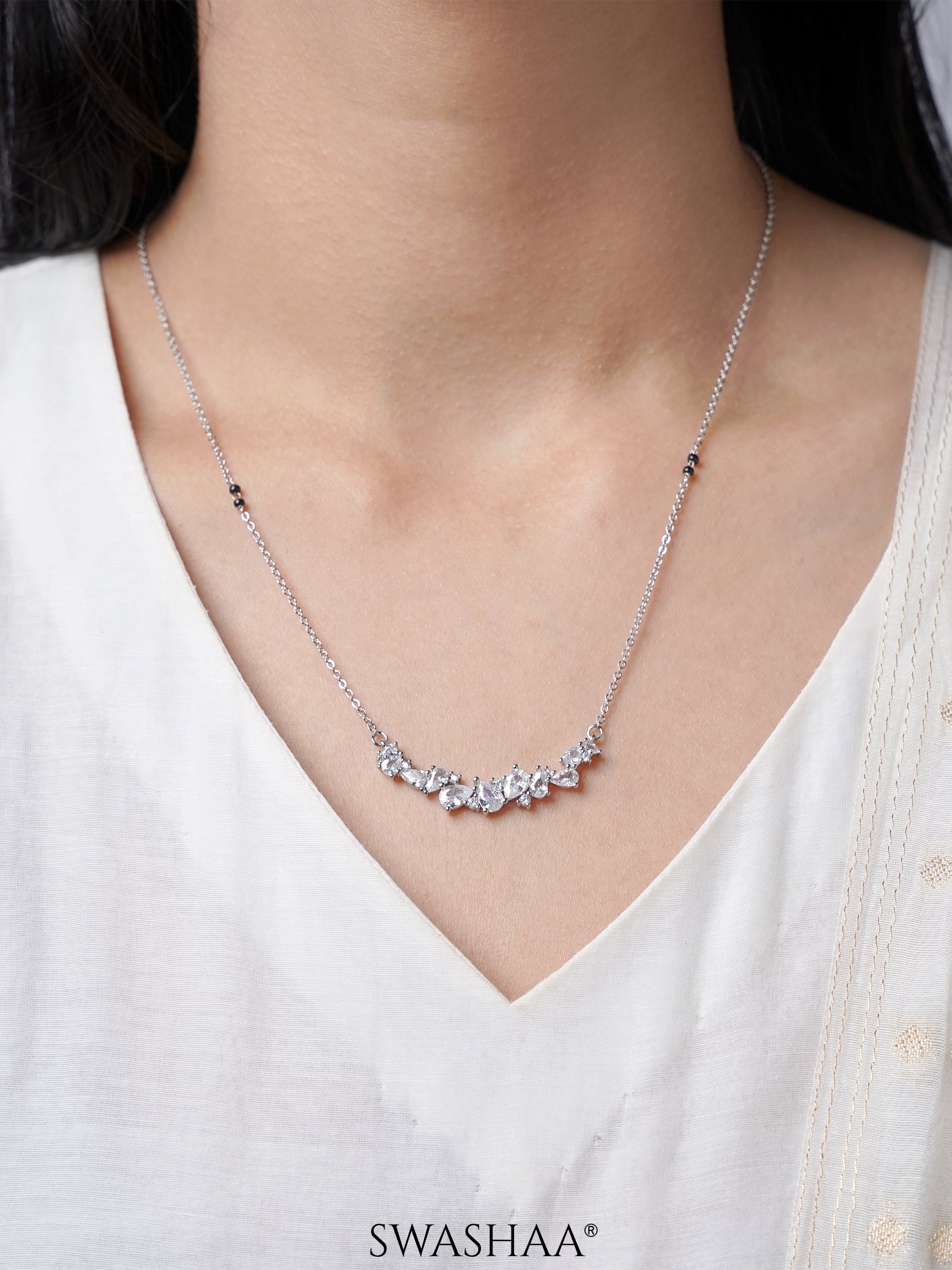 Meera Shimmering Diamond Crystals Silver Mangalsutra