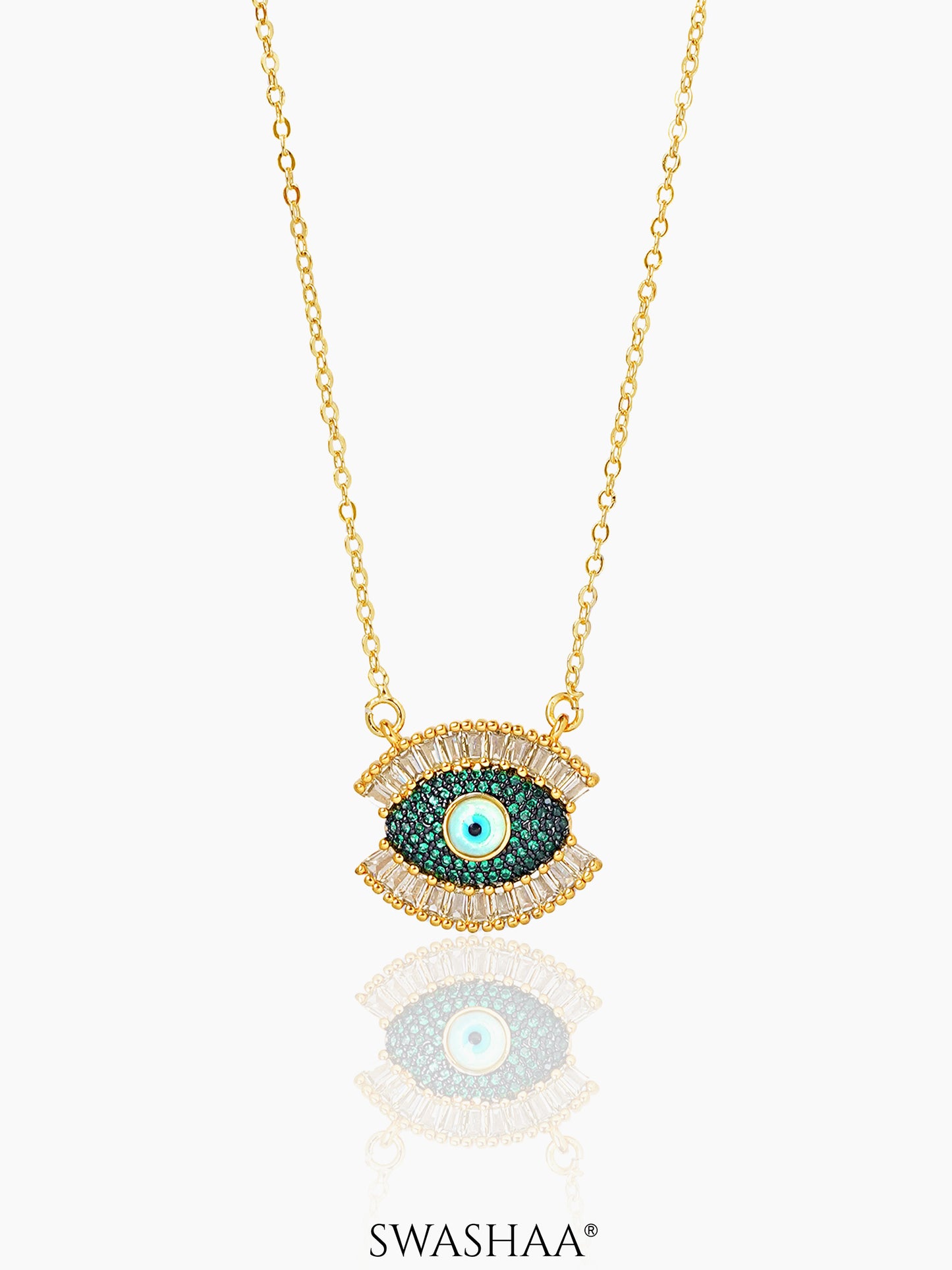 Meesha Evil Eye Charm Green 18k Gold Plated Necklace