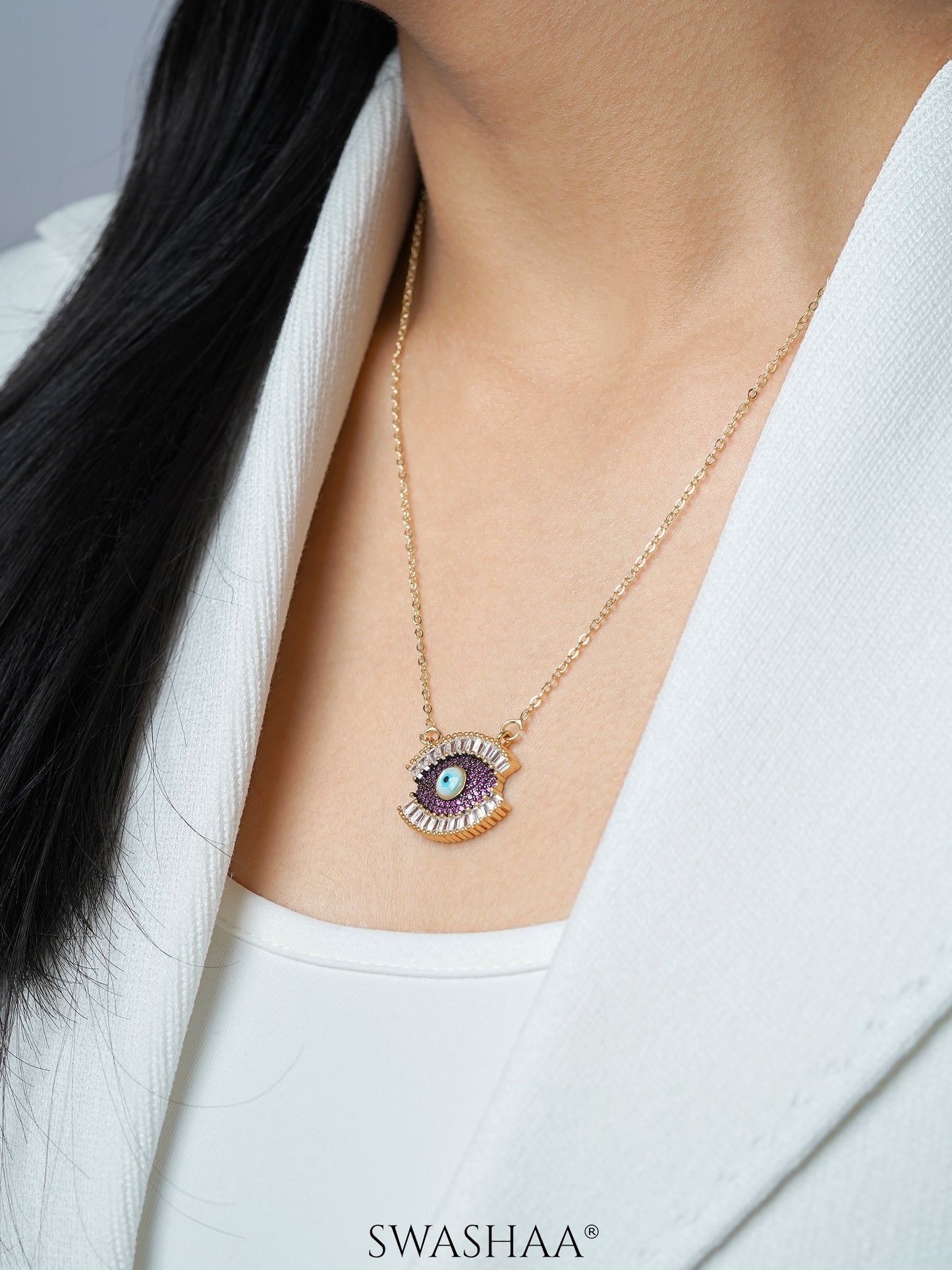 Meesha Evil Eye Charm Wine 18k Gold Plated Necklace