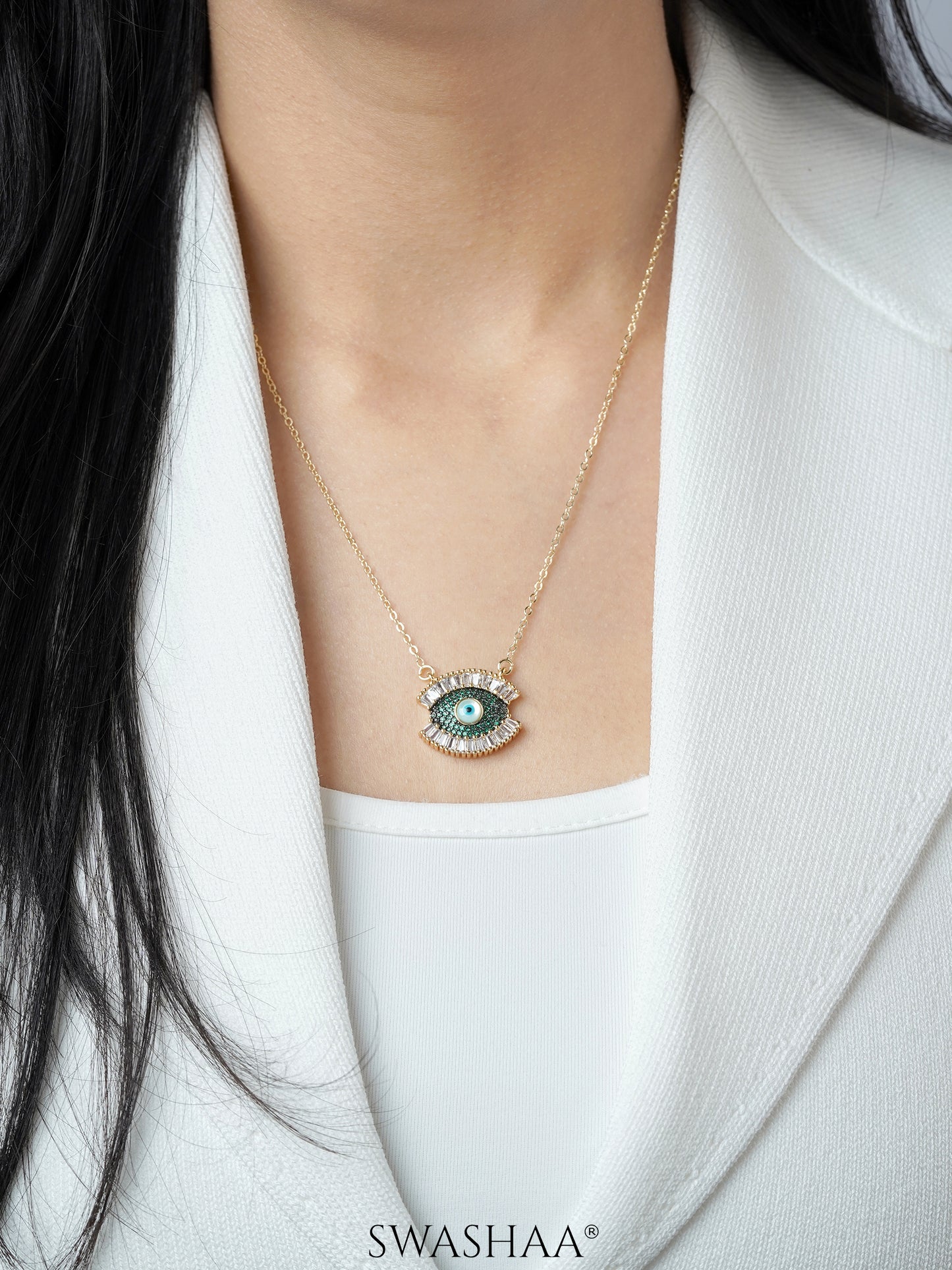 Meesha Evil Eye Charm Green 18k Gold Plated Necklace