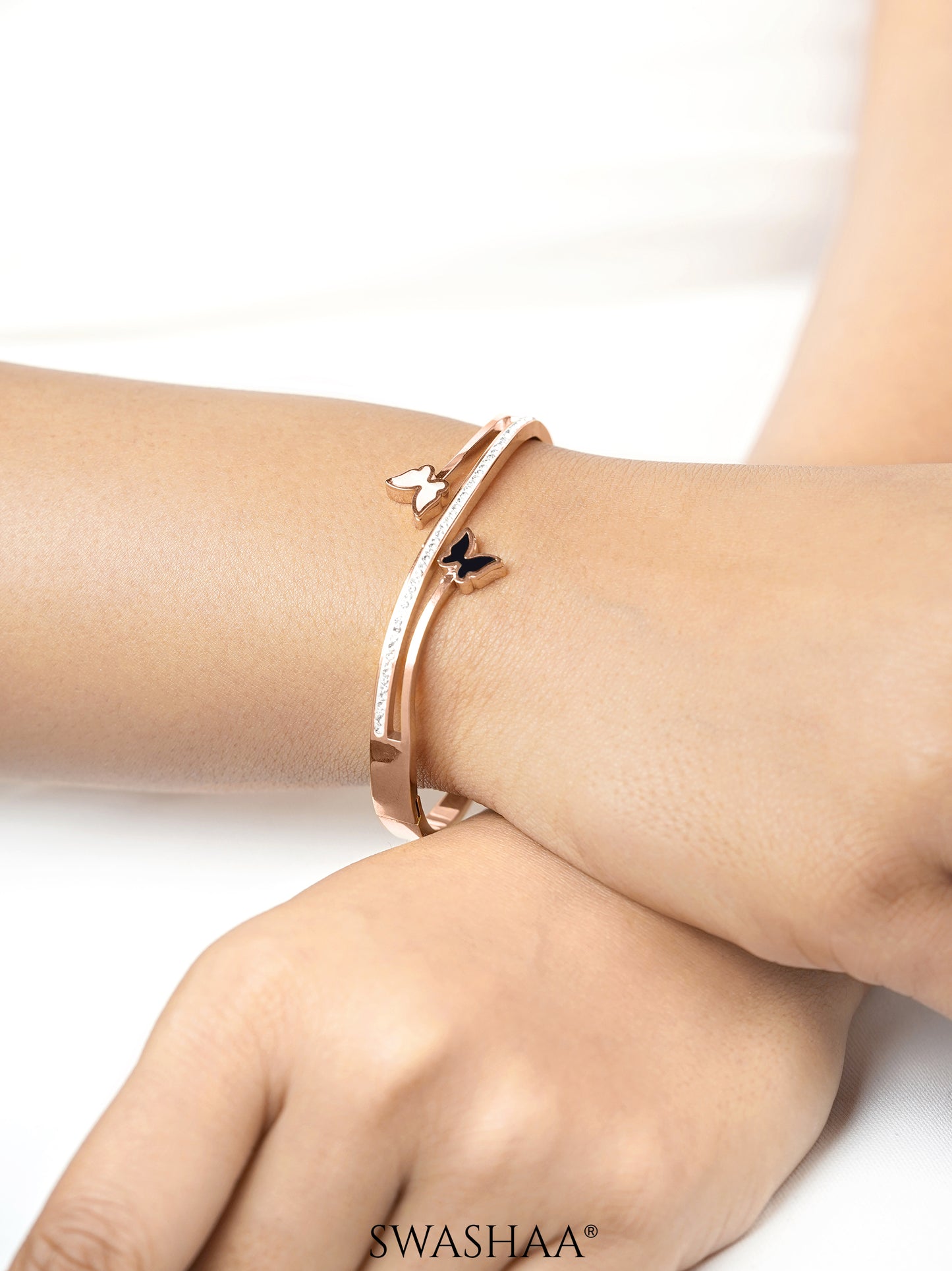 Meghan Black White Butterfly Charm Diamond Rosegold Plated Bracelet