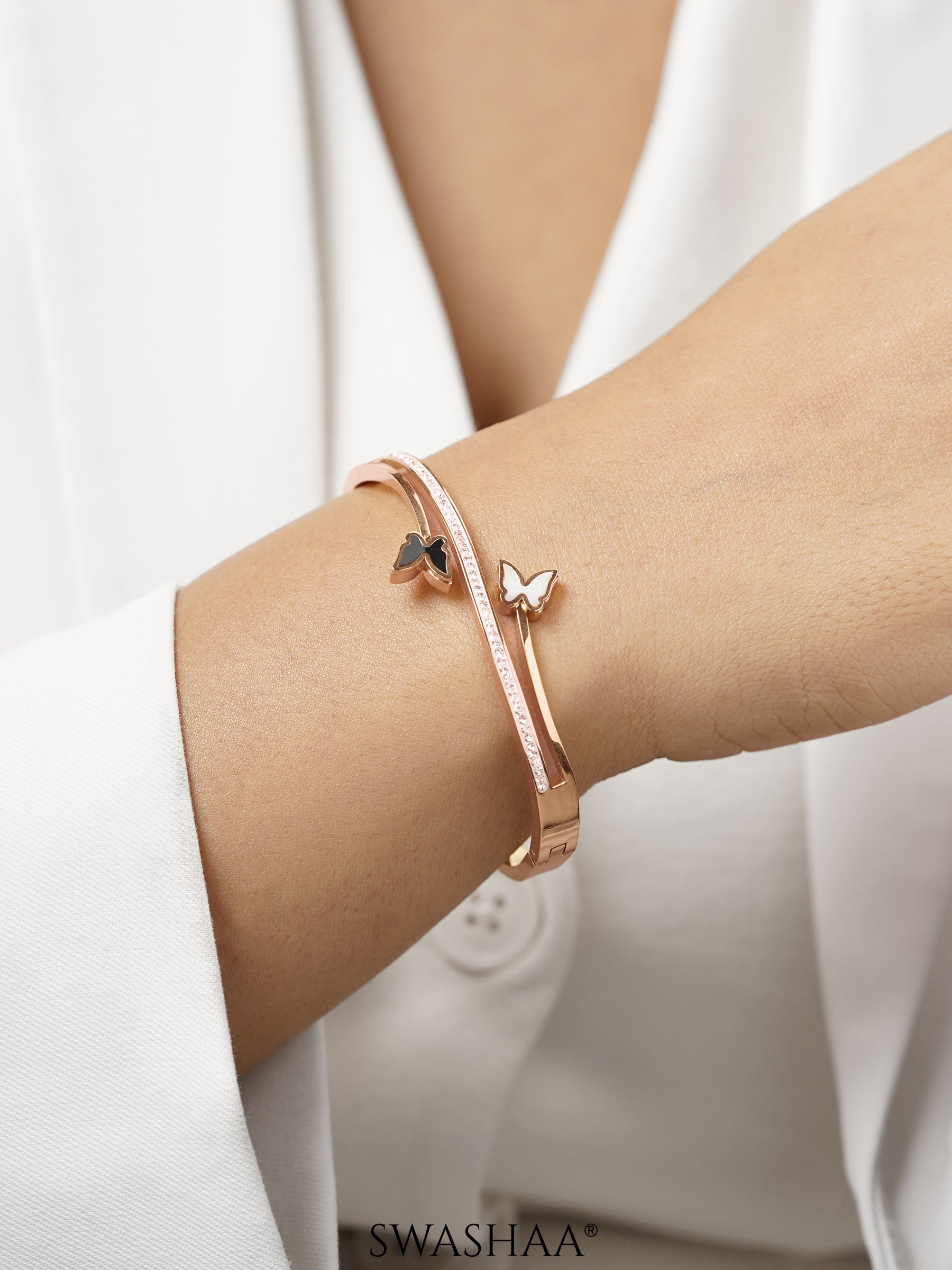 Meghan Black White Butterfly Charm Diamond Rosegold Plated Bracelet