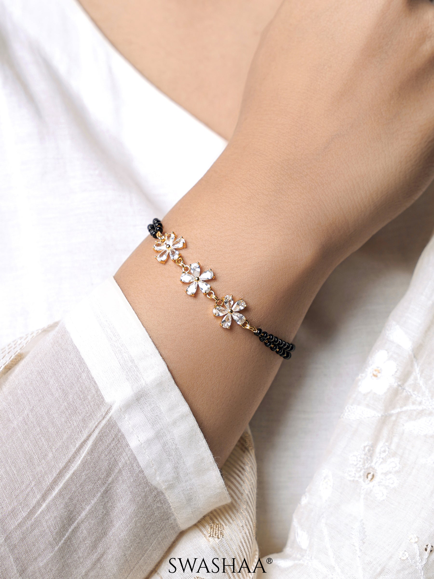 Meher Trio Flower Diamond Chamrs 18K Gold Plated Mangalsutra Bracelet