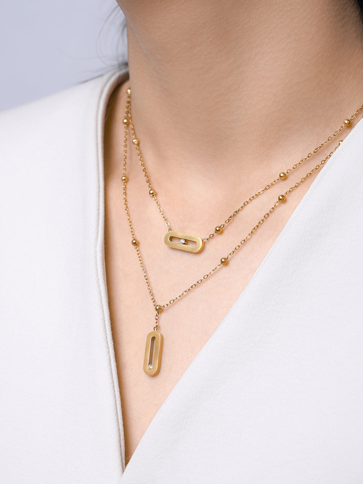 Meluri Layered Sleek Open Oval Diamond Charms 18K Gold Plated Necklace