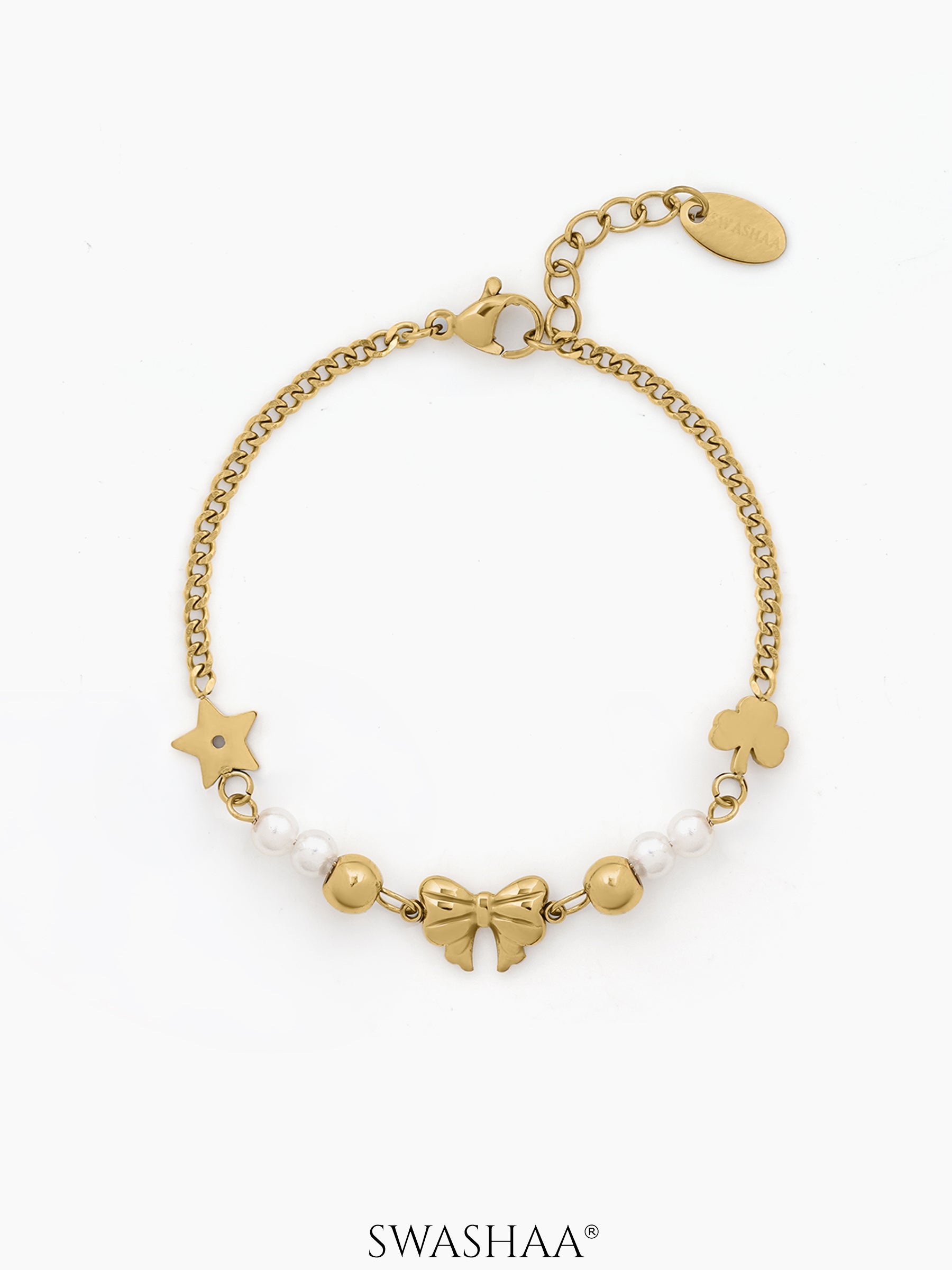 Melviana Bow Pearl Charm Chain Bracelet - Swashaa