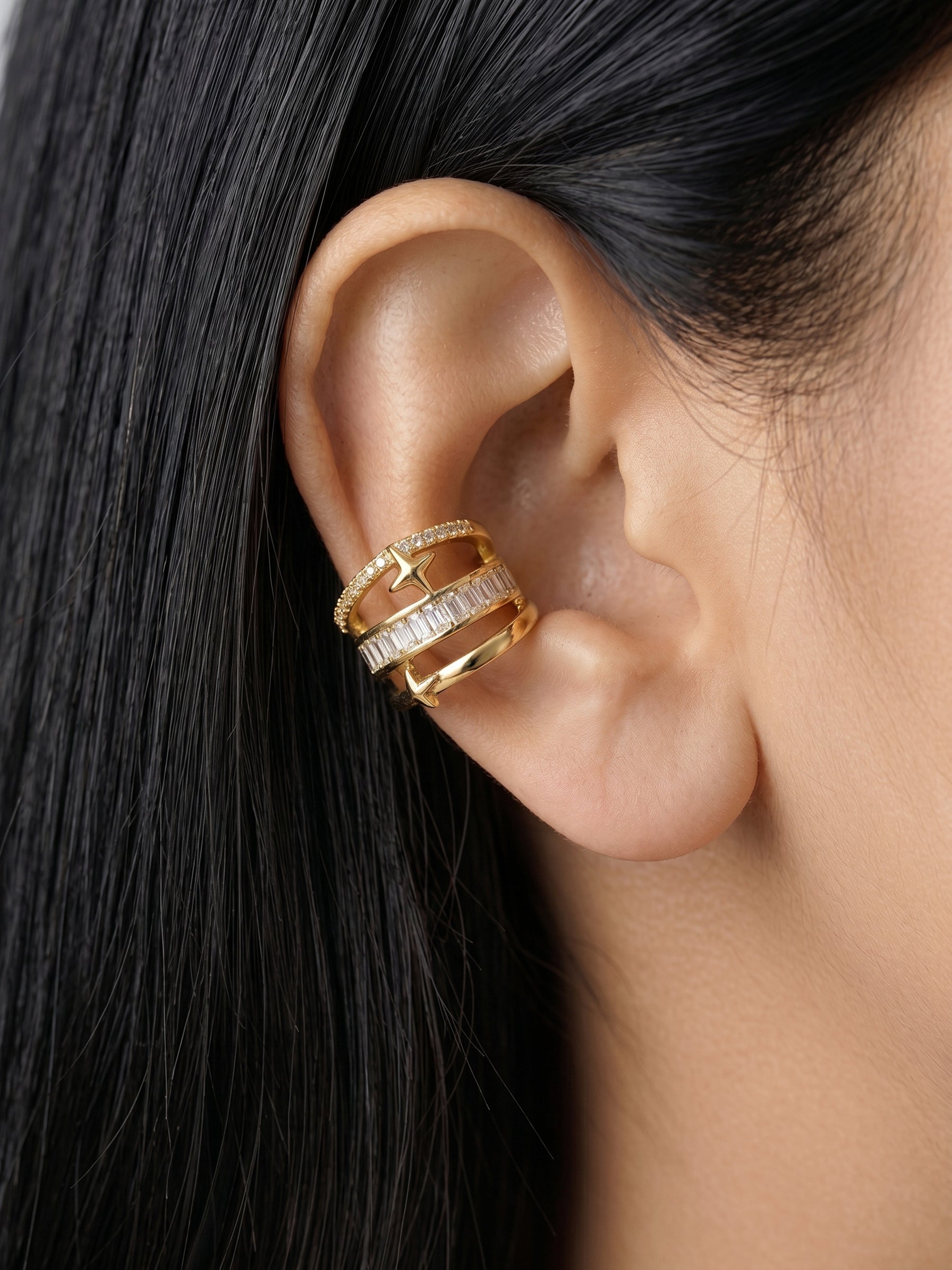 Merin Baguette Diamond Solitaire 18K Gold Plated Women's Ear Cuffs