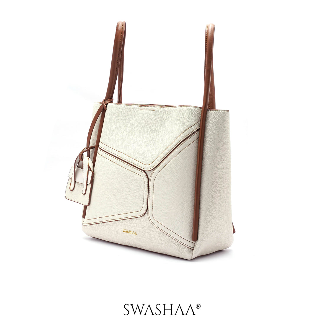 Mic Cream Leather Tote Bag