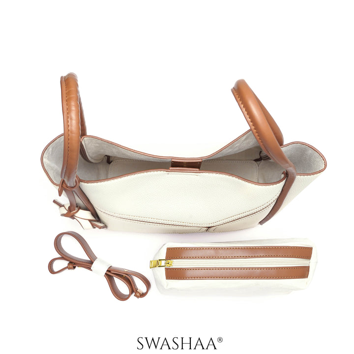 Mic Cream Leather Tote Bag