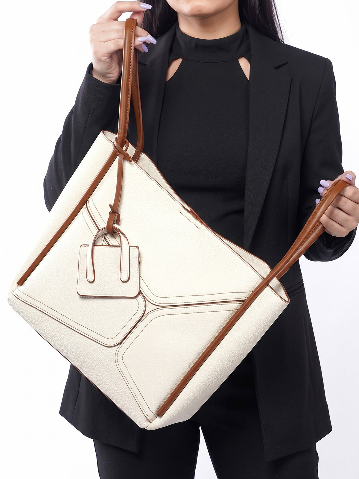 Mic Cream Leather Tote Bag