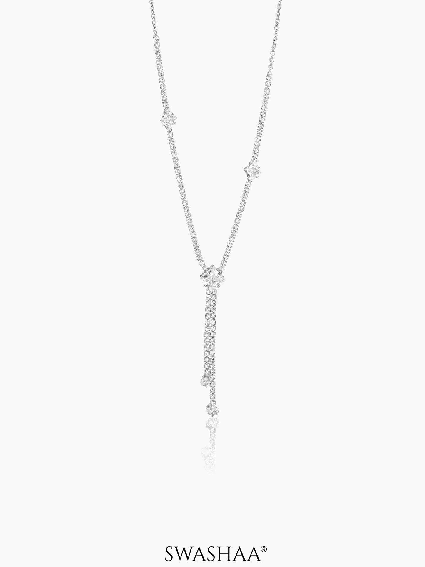 Mila Square Crystal Drop Y-shaped Silver Chain Pendant Necklace