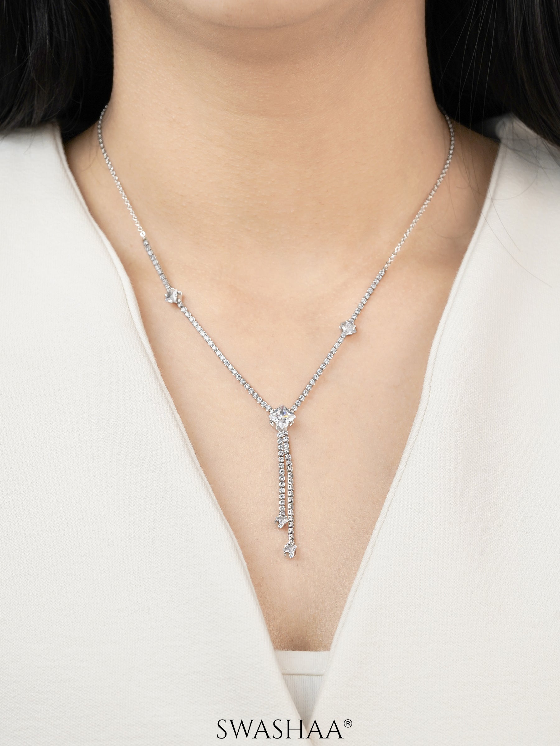 Mila Square Crystal Drop Y-shaped Silver Chain Pendant Necklace