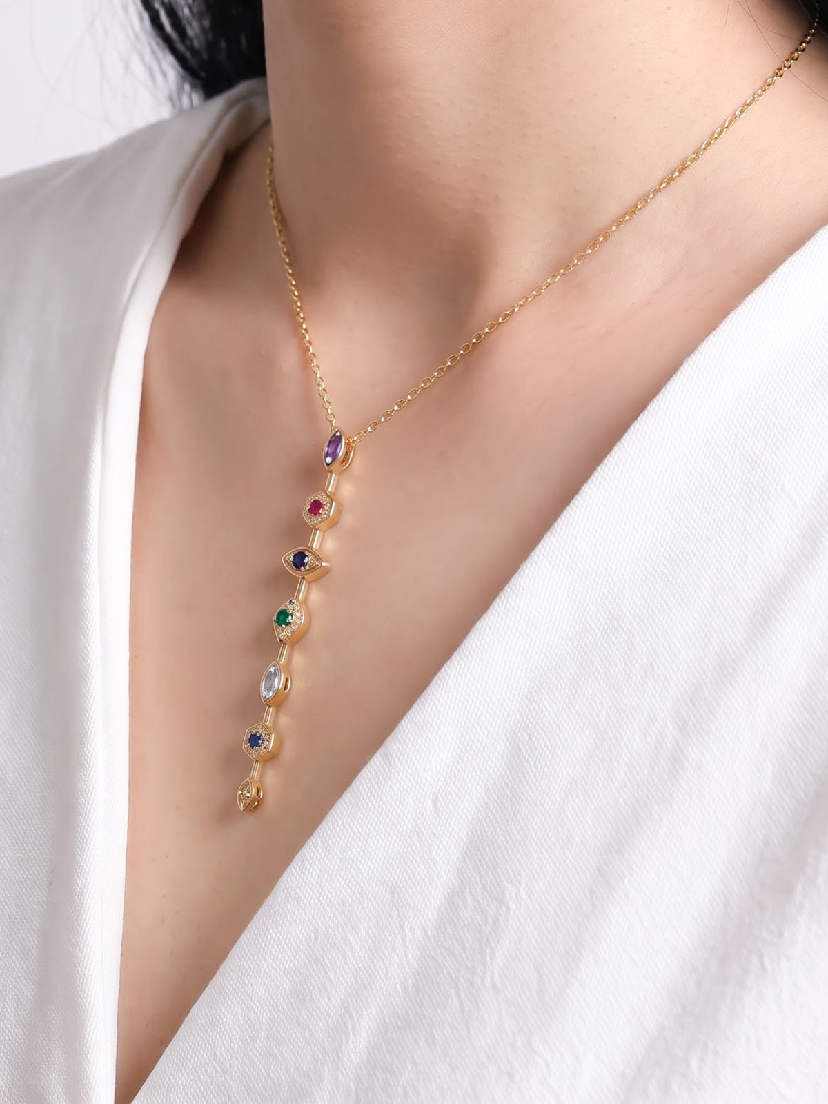 Miray Multi Diamond Color Stone Y-Shape 18K Gold Plated Women's Chain Pendant Necklace