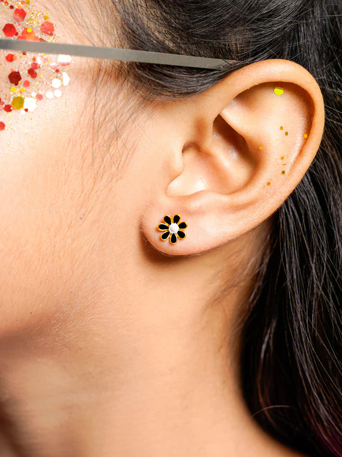Miss Black Flower Charm 18K Gold Plated Kid's Stud Earrings