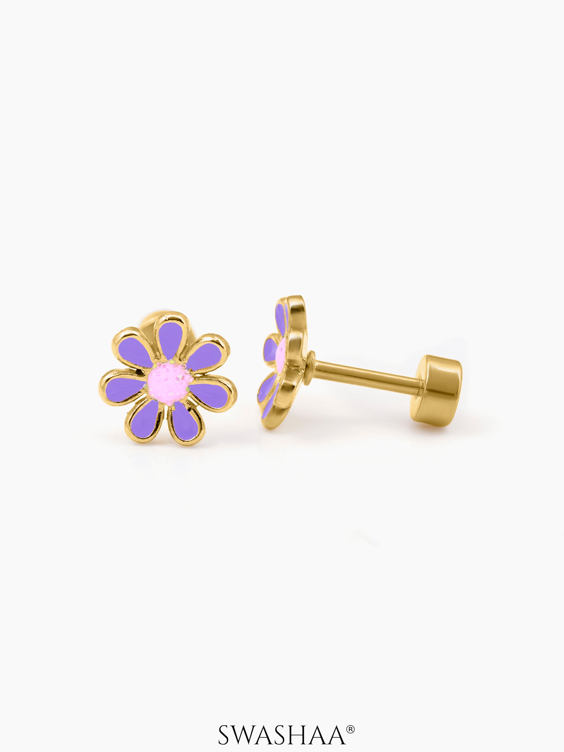 Miss Flower Charm 18K Gold Plated Kid's Stud Earrings