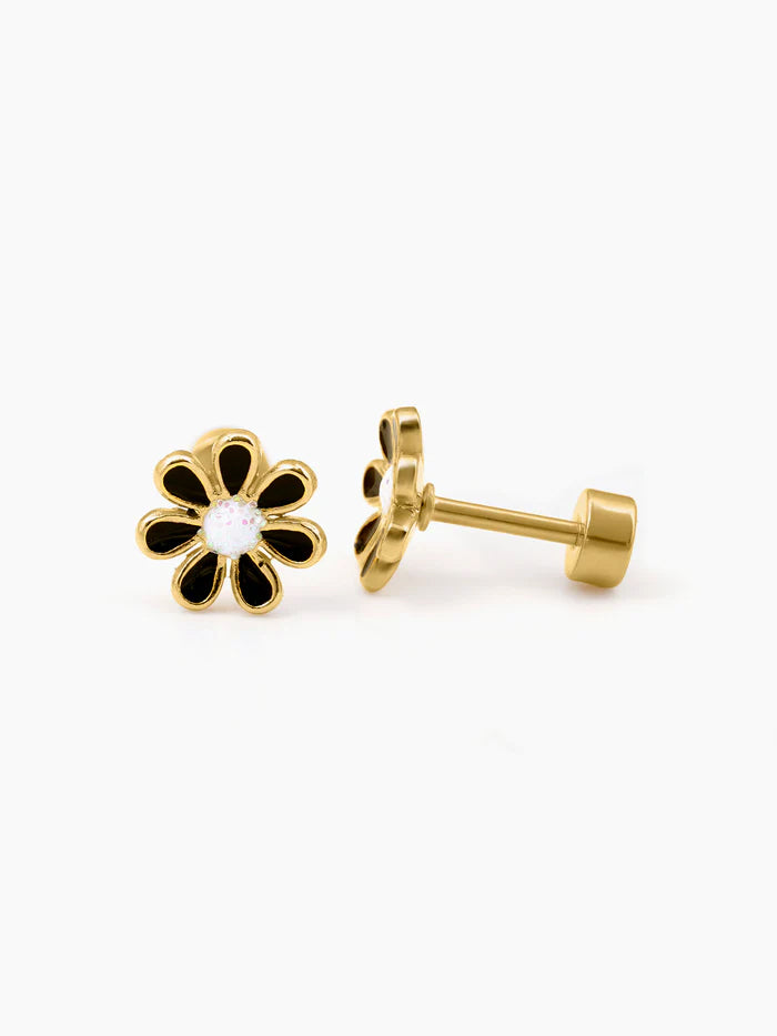 Miss Black Flower Charm 18K Gold Plated Kid's Stud Earrings