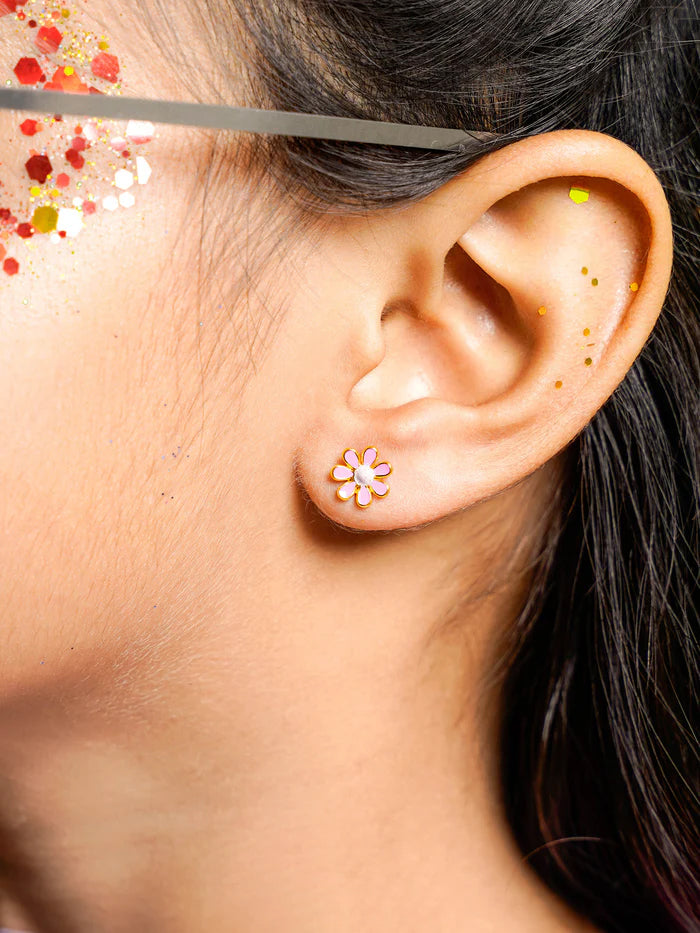 Miss Pink Flower Charm 18K Gold Plated Kid's Stud Earrings