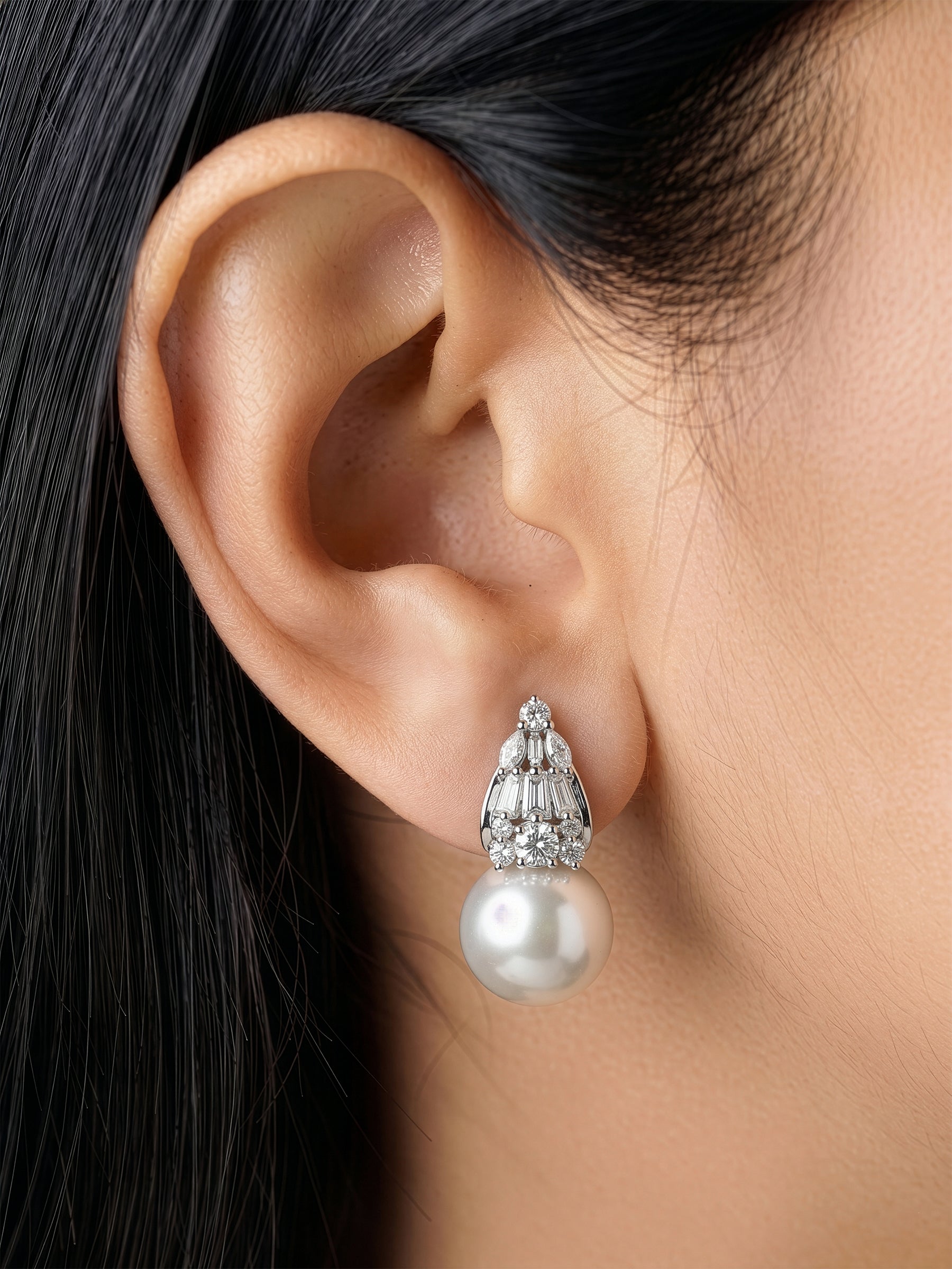 Molly Dome Stud Earrings Curved Row Of Baguette-Cut White Pearl Drop Pearl Silver Earrings